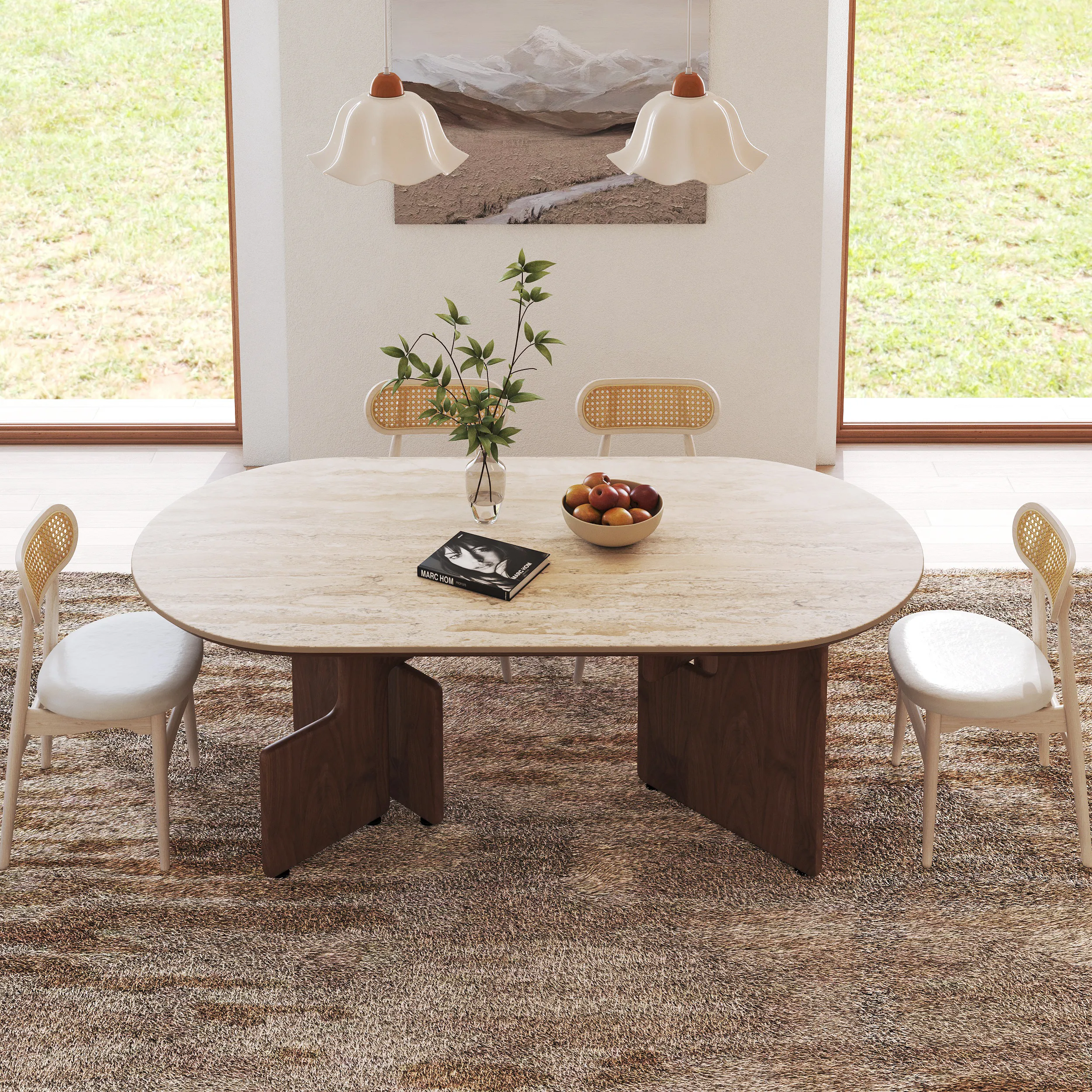 Oval Dining Table with Faux Travertine Top - Walnut, Wood product