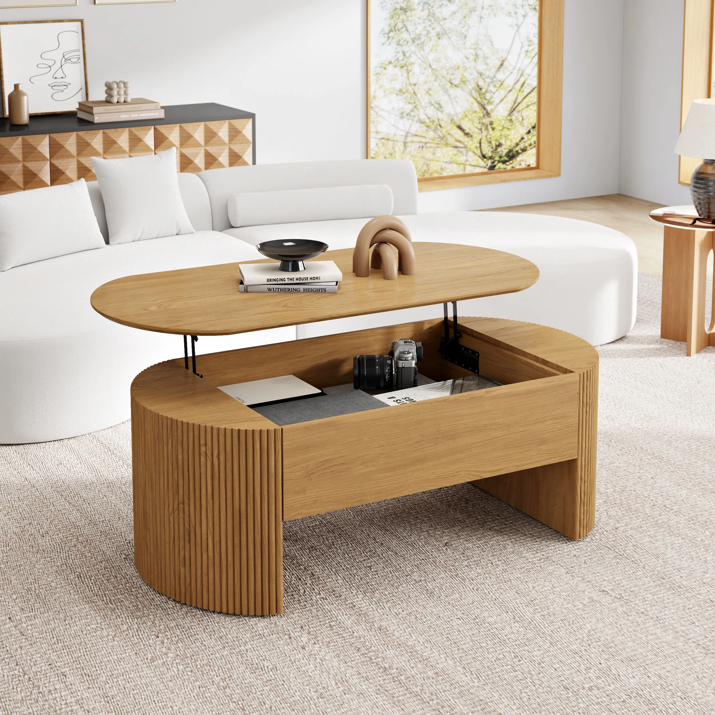 Oval Lift Top Coffee Table with Storage - Natural, Wood product
