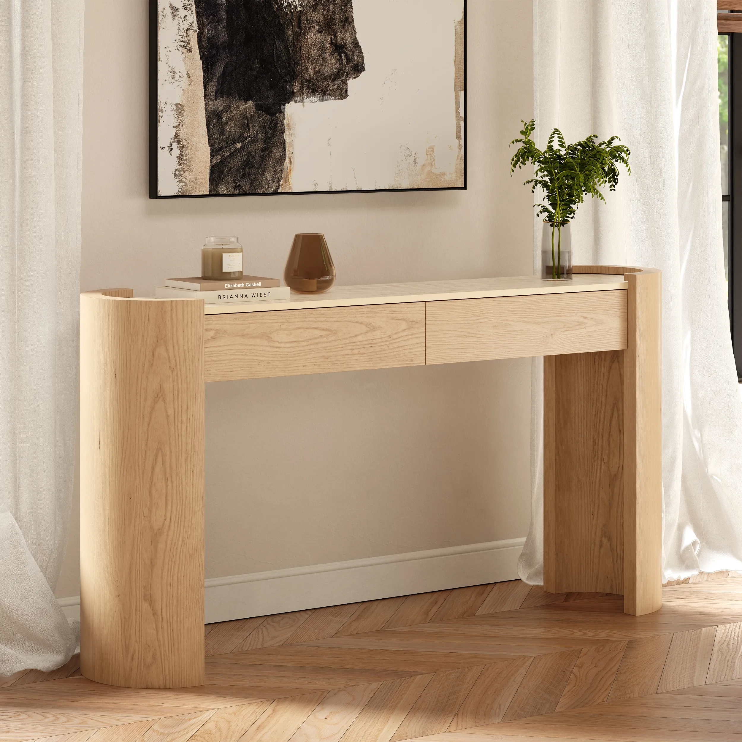 Oval Sintered Stone Console Table with 2 Drawers - Natural product