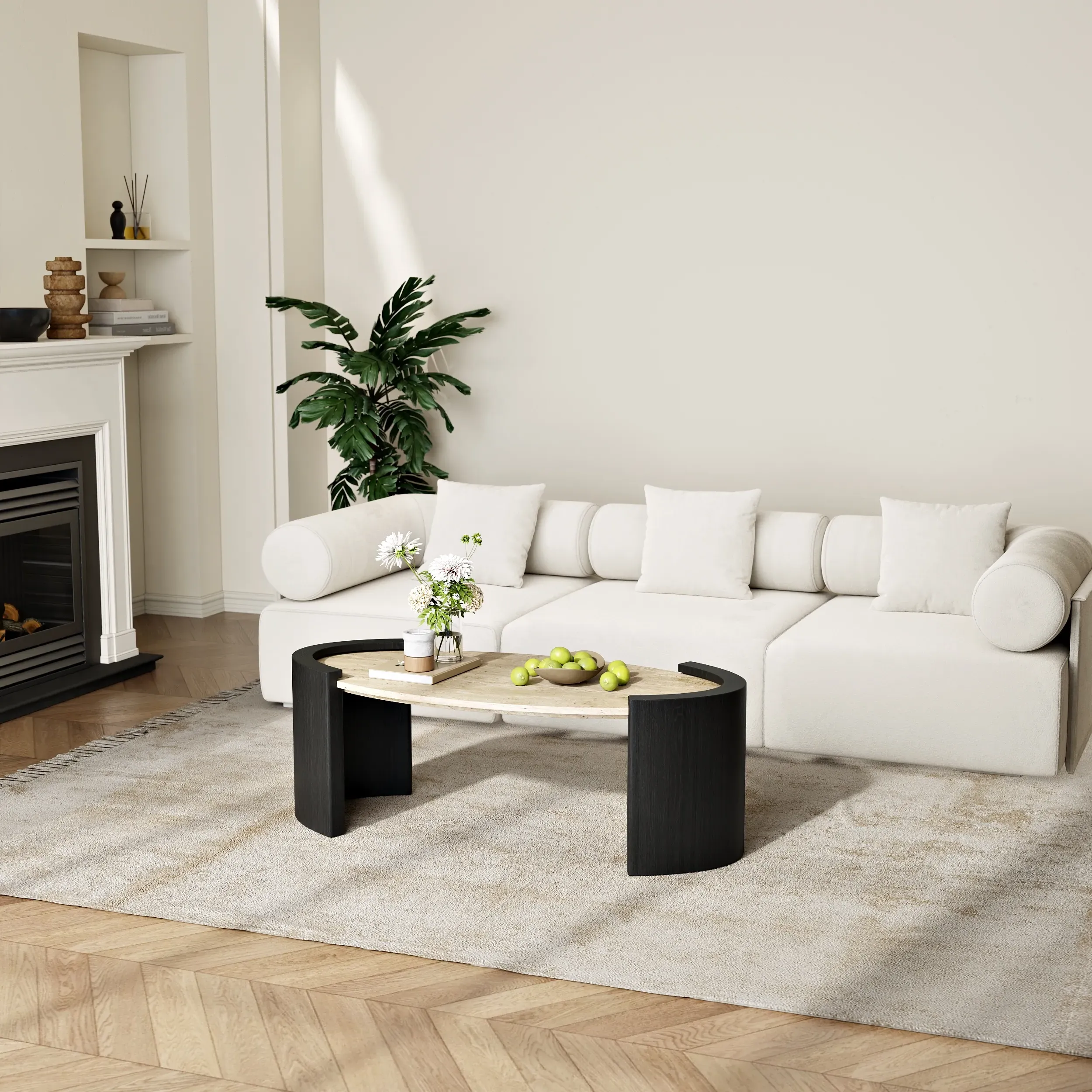 Oval Travertine Stone Top Coffee Table - Black product