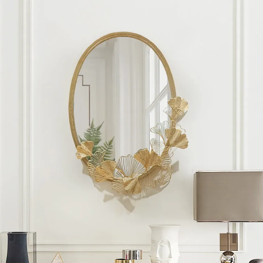 Oval Wall Mirror Hollow-Out Ginkgo Leaf Frame - Gold, Metal product