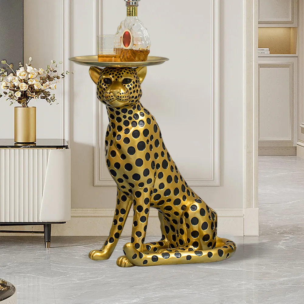 Panther Figurine Round End Table with Tray Top - Gold, Resin product