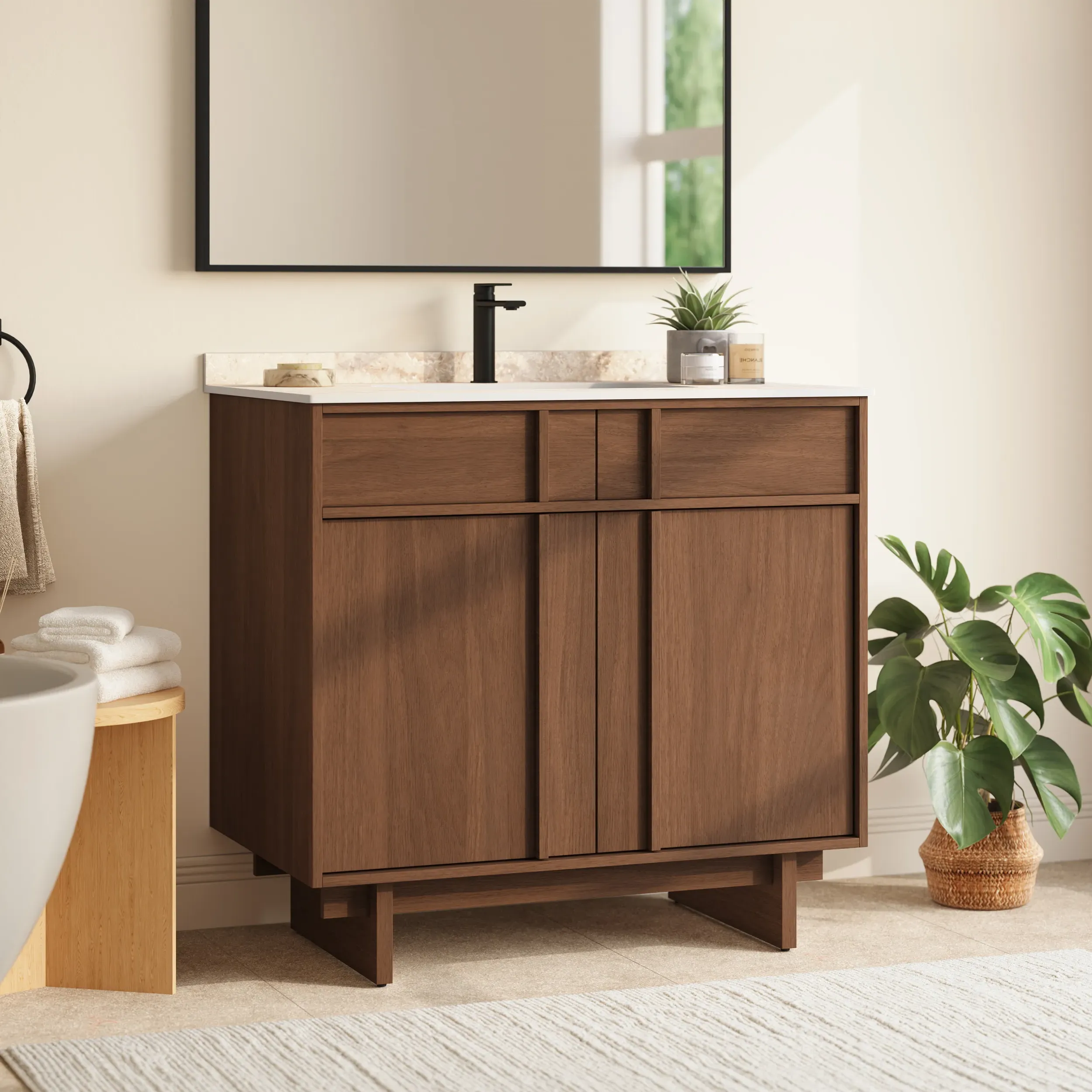 Panvyr Single Bathroom Vanity with Sink & Sintered Stone Top - Walnut product