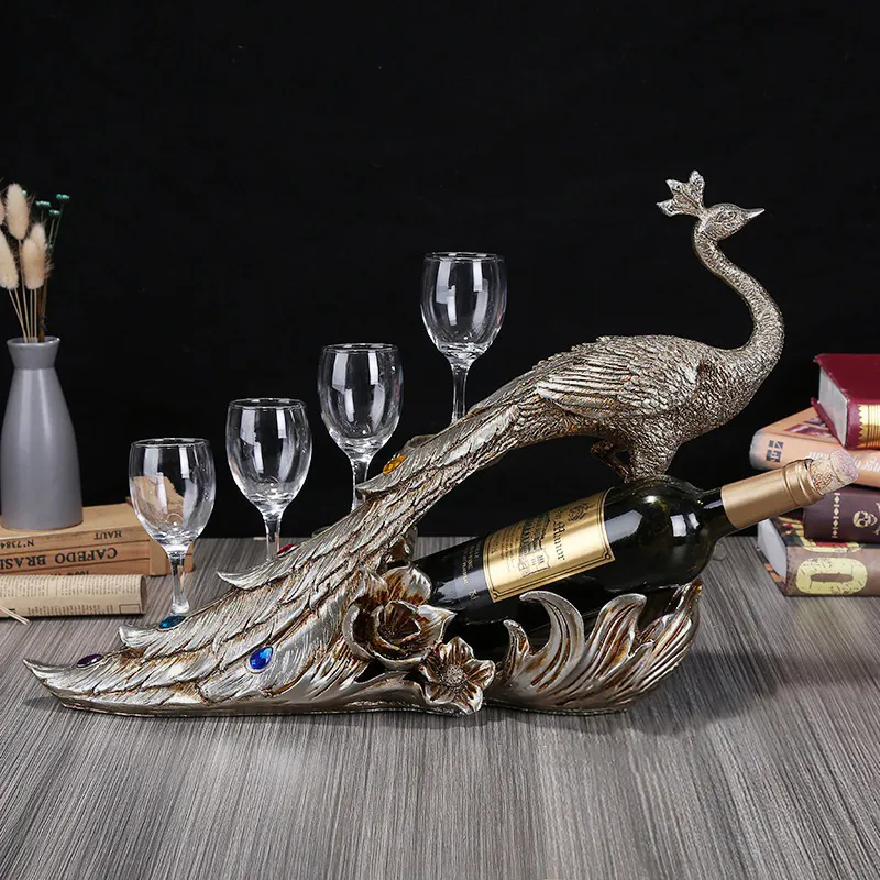 Peacock Tabletop Wine Rack with Glass Holder - Antique Silver, Resin product
