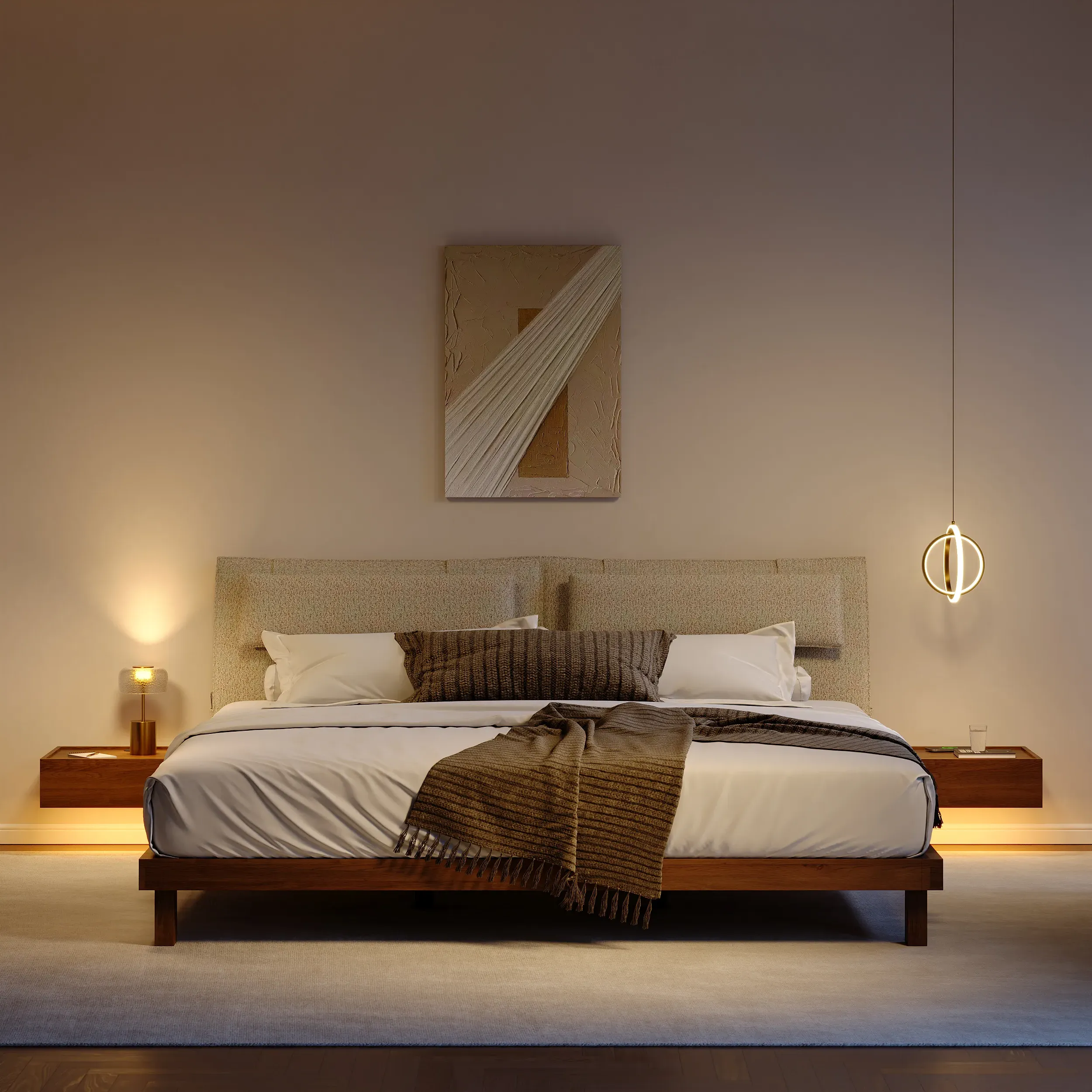 Queen Size Bed Frame with Smart Nightstands - Walnut, Rubberwood product