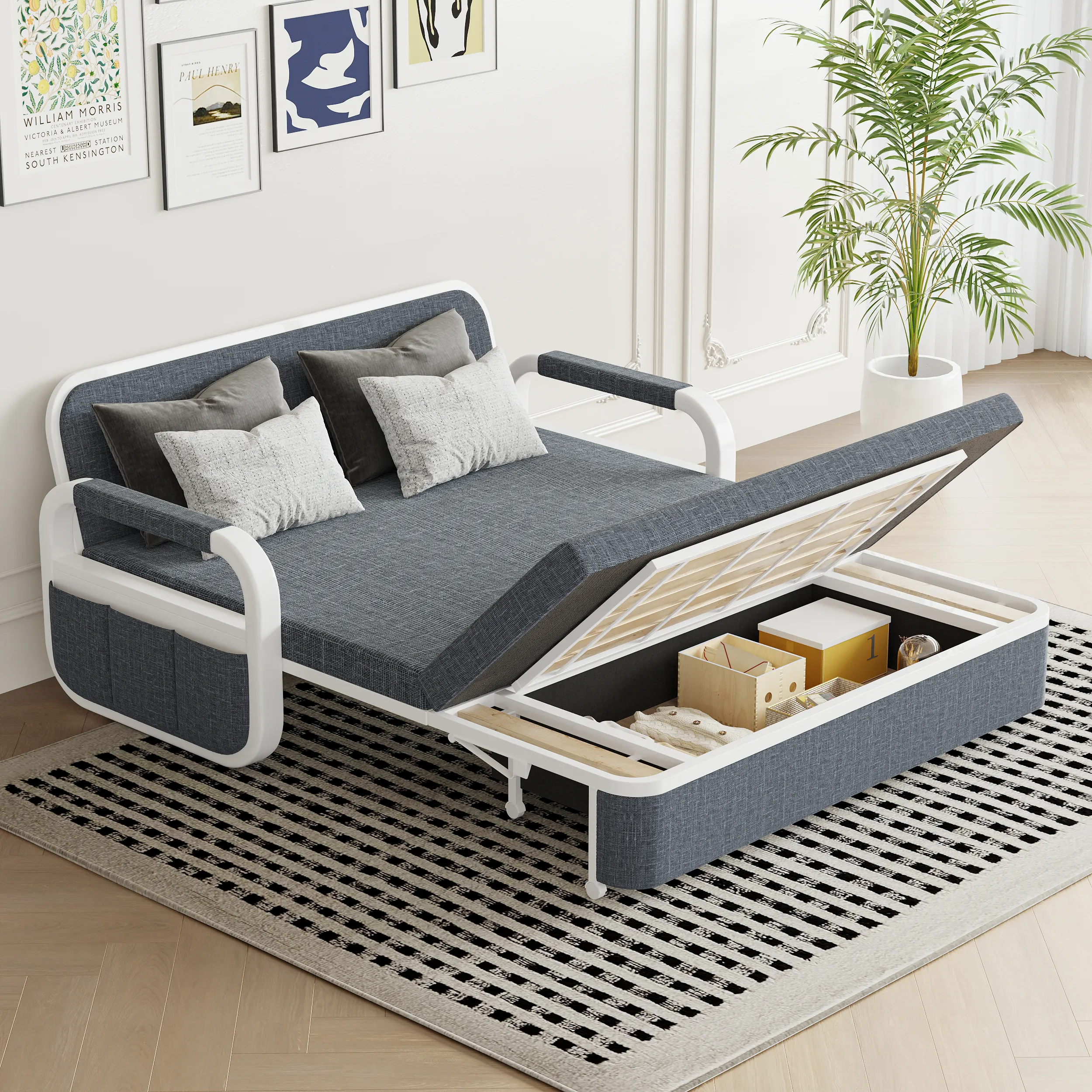 Queen Size Daybed with Storage and Trundle - Deep Grey, Linen product