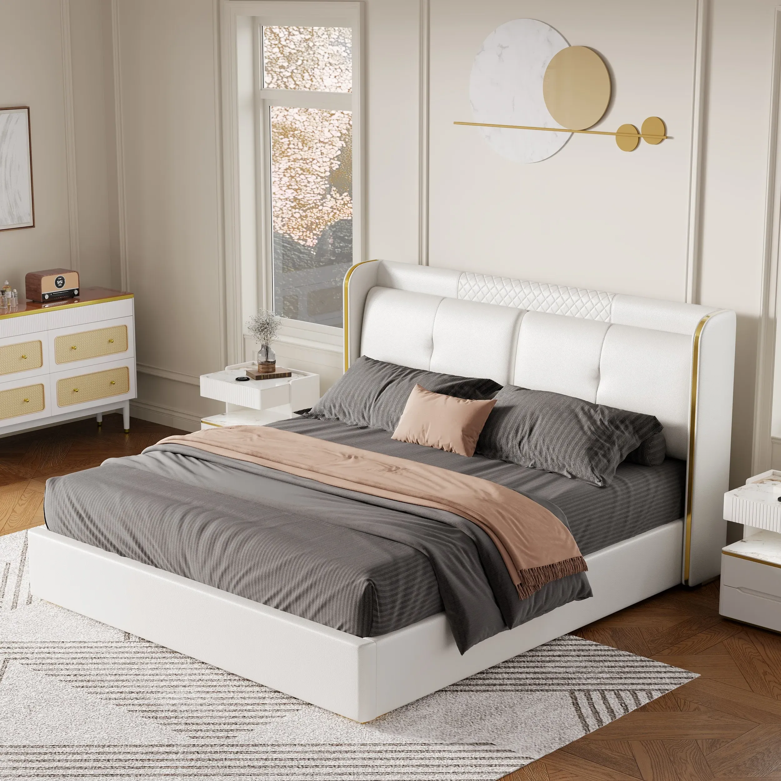 Queen Upholstered Platform Bed Wingback Headboard - Off-White, Faux Leather product