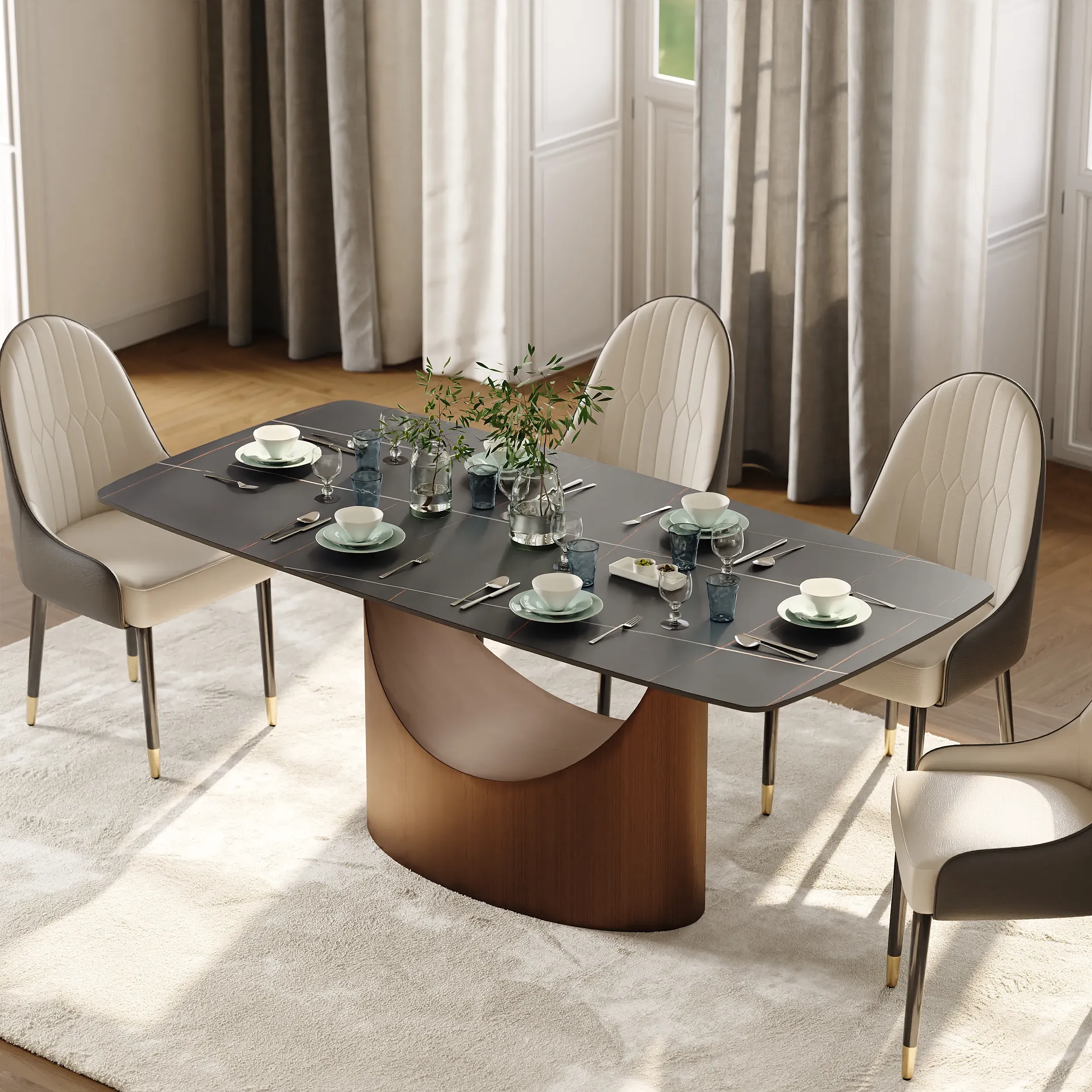 Rectangle Dining Table Antique Brass Pedestal - Black, Sintered Stone product