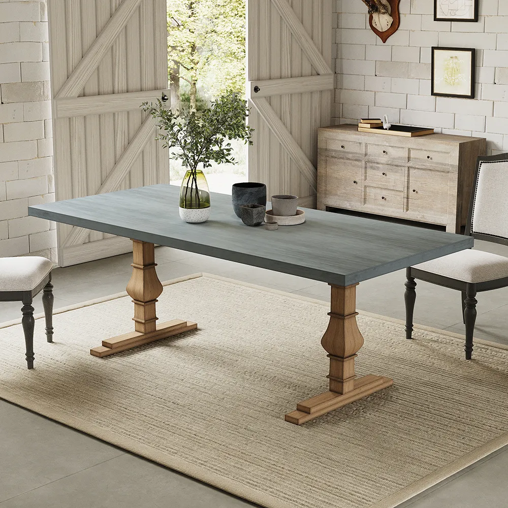 Rectangle Dining Table Double Pedestal Base - Grey, Faux Marble product