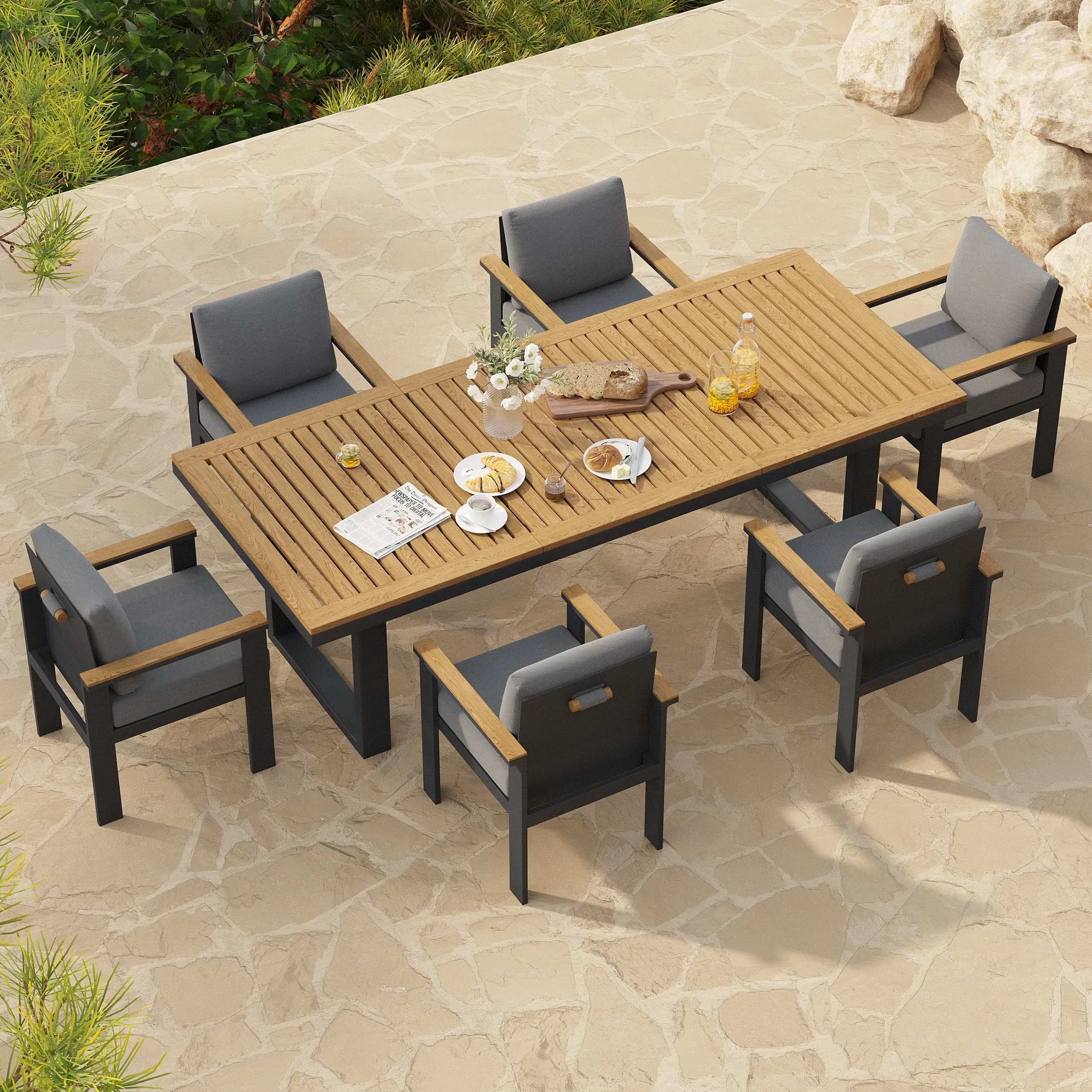Rectangle Outdoor Dining Set 6-8 Seater - Dark Grey, Teak & Aluminium product