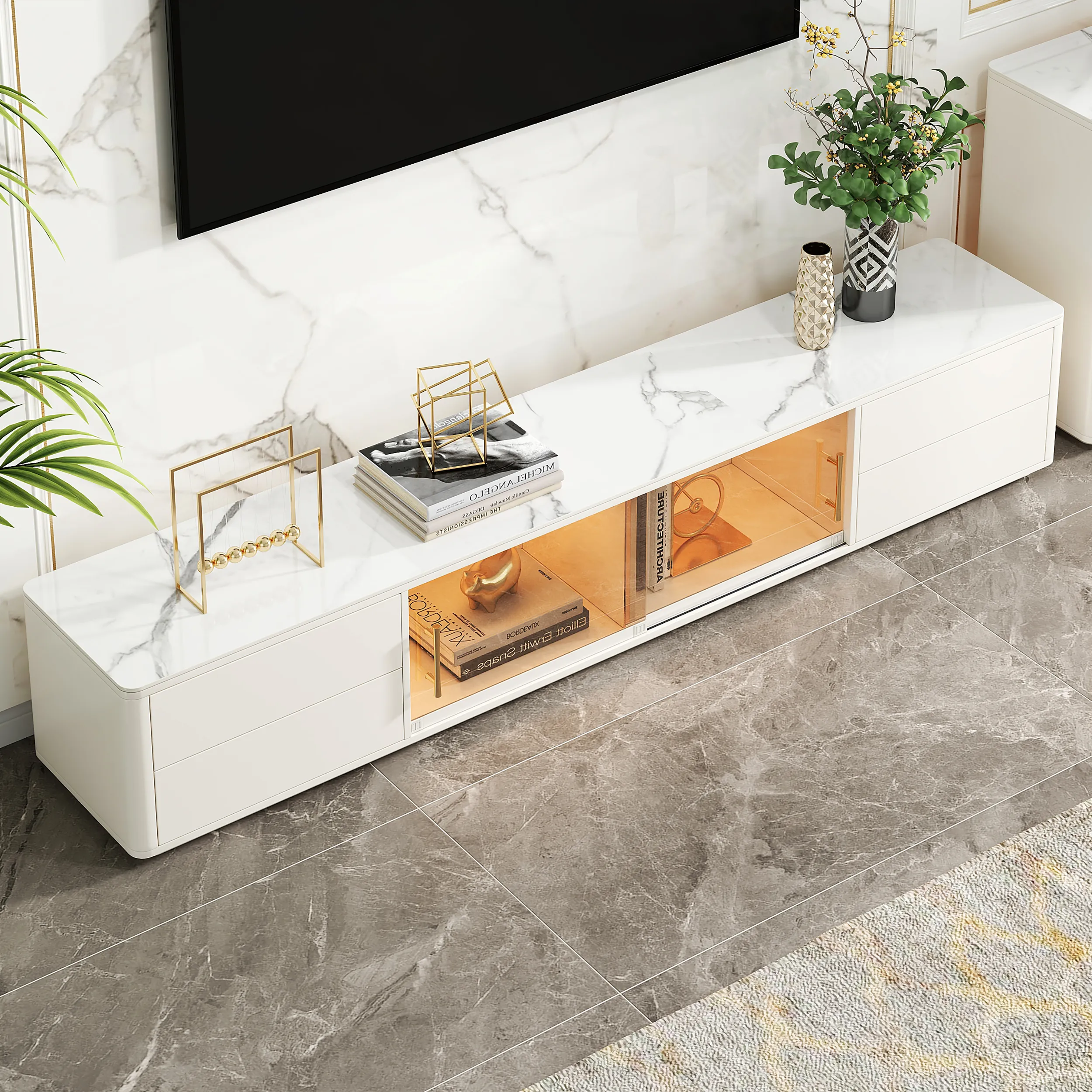 Rectangle TV Stand 4-Drawer with Glass Door Cabinet - White, Sintered Stone product