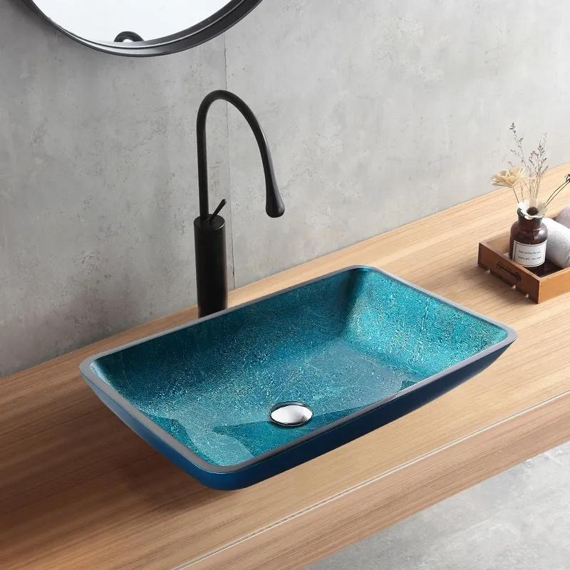 Rectangular Countertop Wash Basin - Greenish-Blue, Tempered Glass product