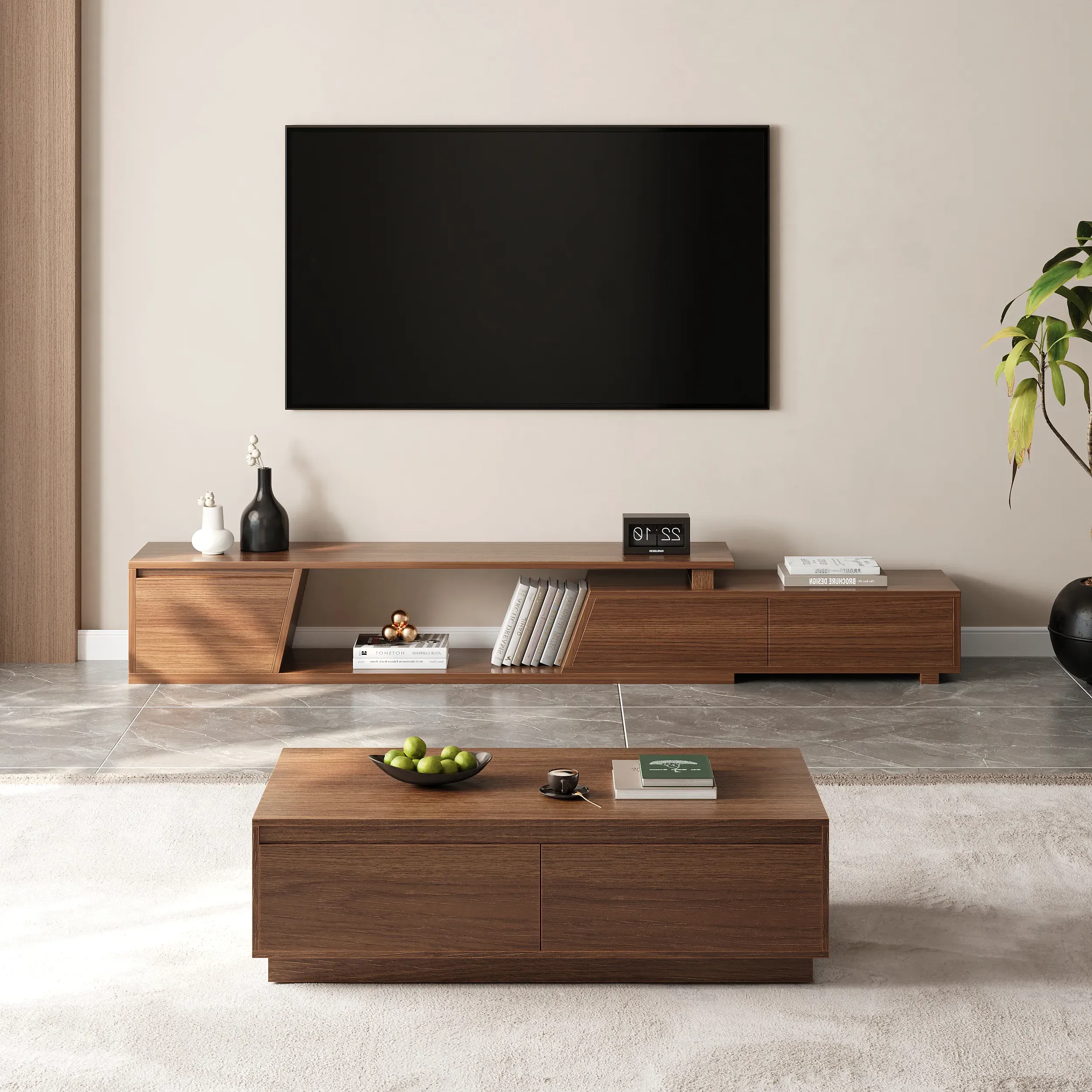 Rectangular Extendable TV Stand with 4 Drawers - Walnut product