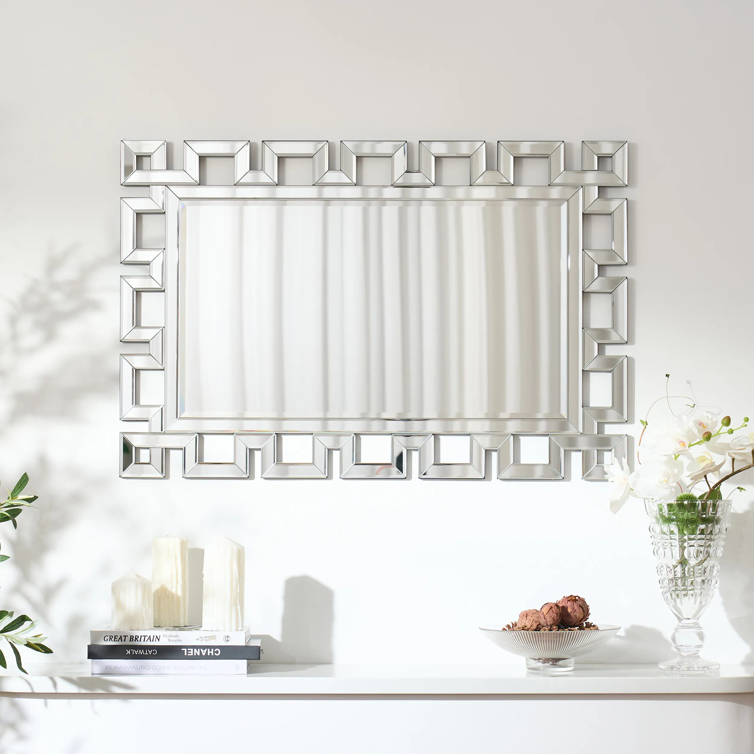 Rectangular Wall Mirror with Geometric Beveled Frame - Silver product