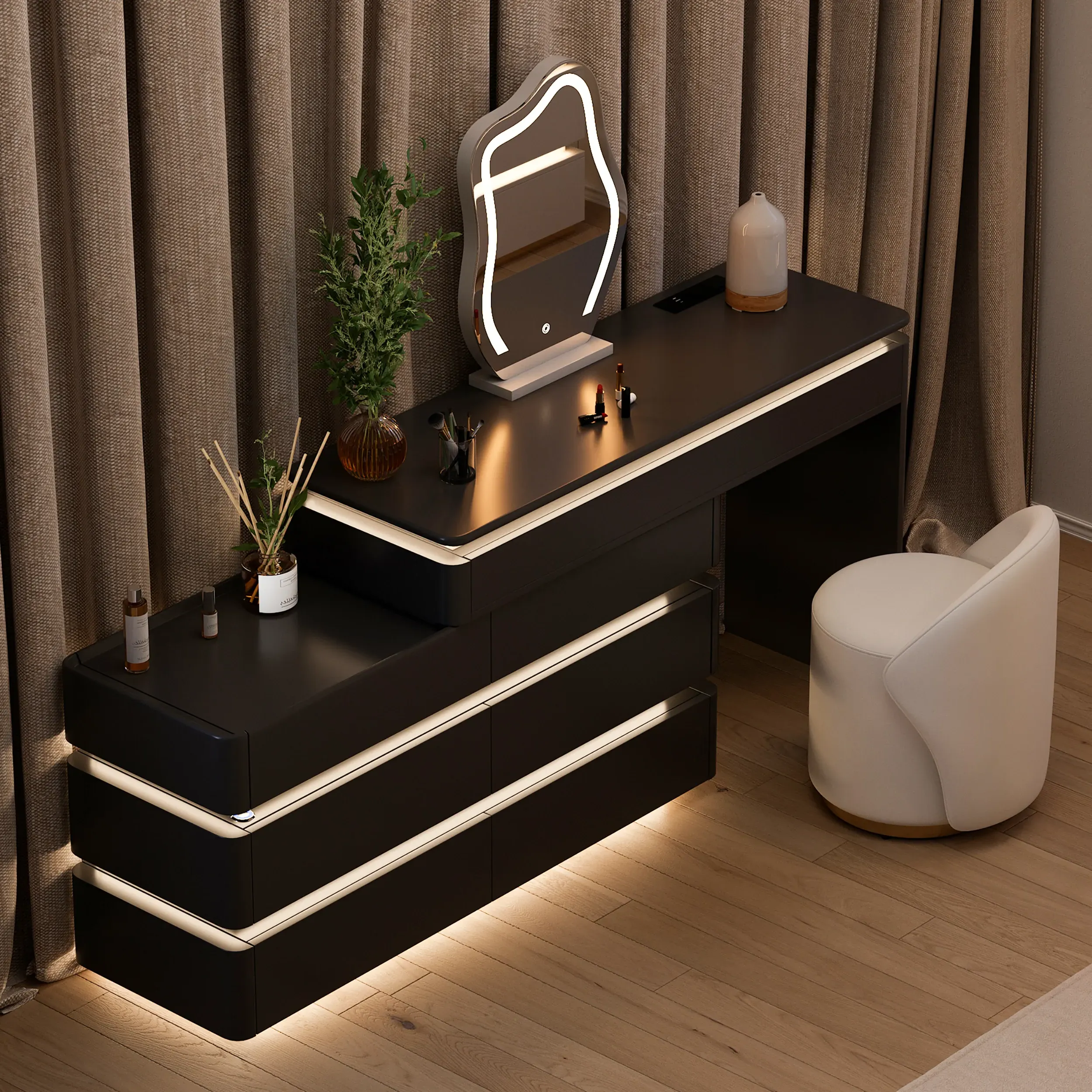 Retractable L-Shape Dressing Table with LED Mirror - Black product