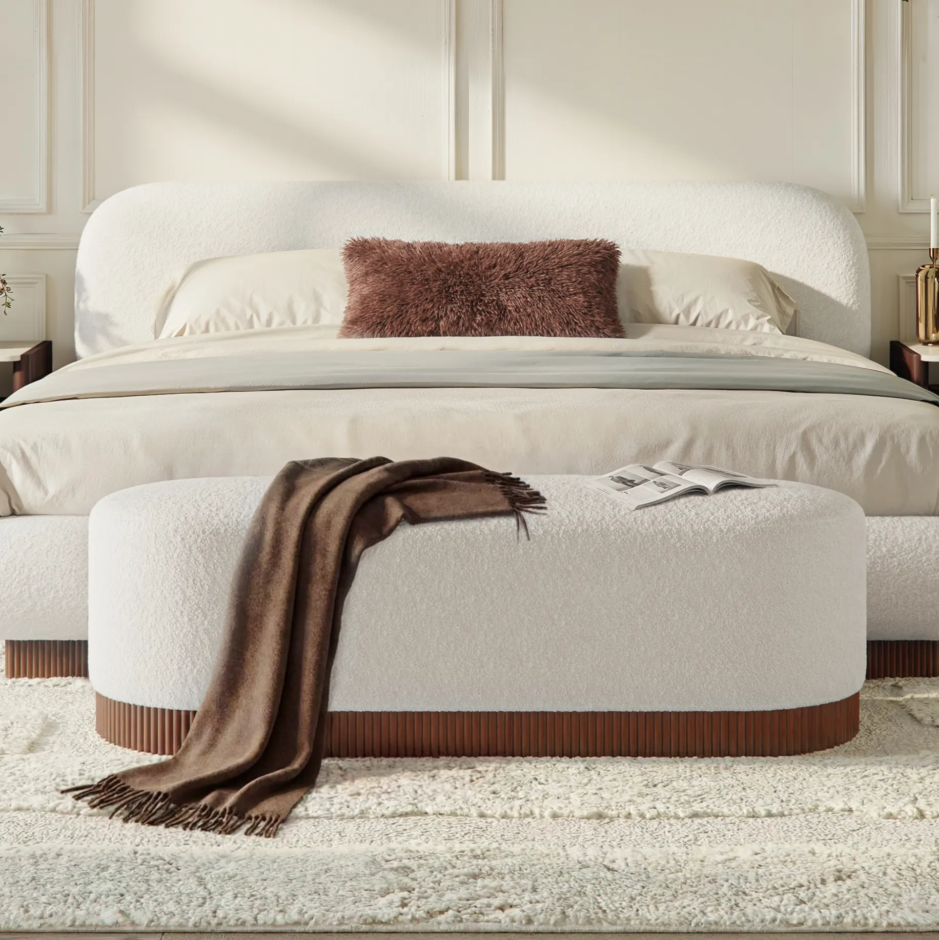 Rivo Bedroom Bench with Fluted Base - Warm White, Boucle product