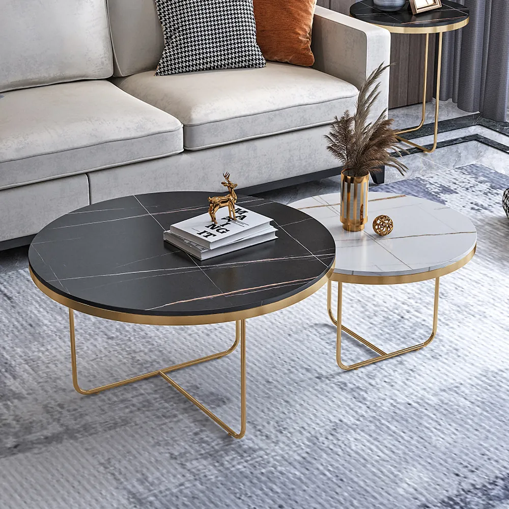 Round 2-Piece Nesting Coffee Table Set - Black & White, Sintered Stone product