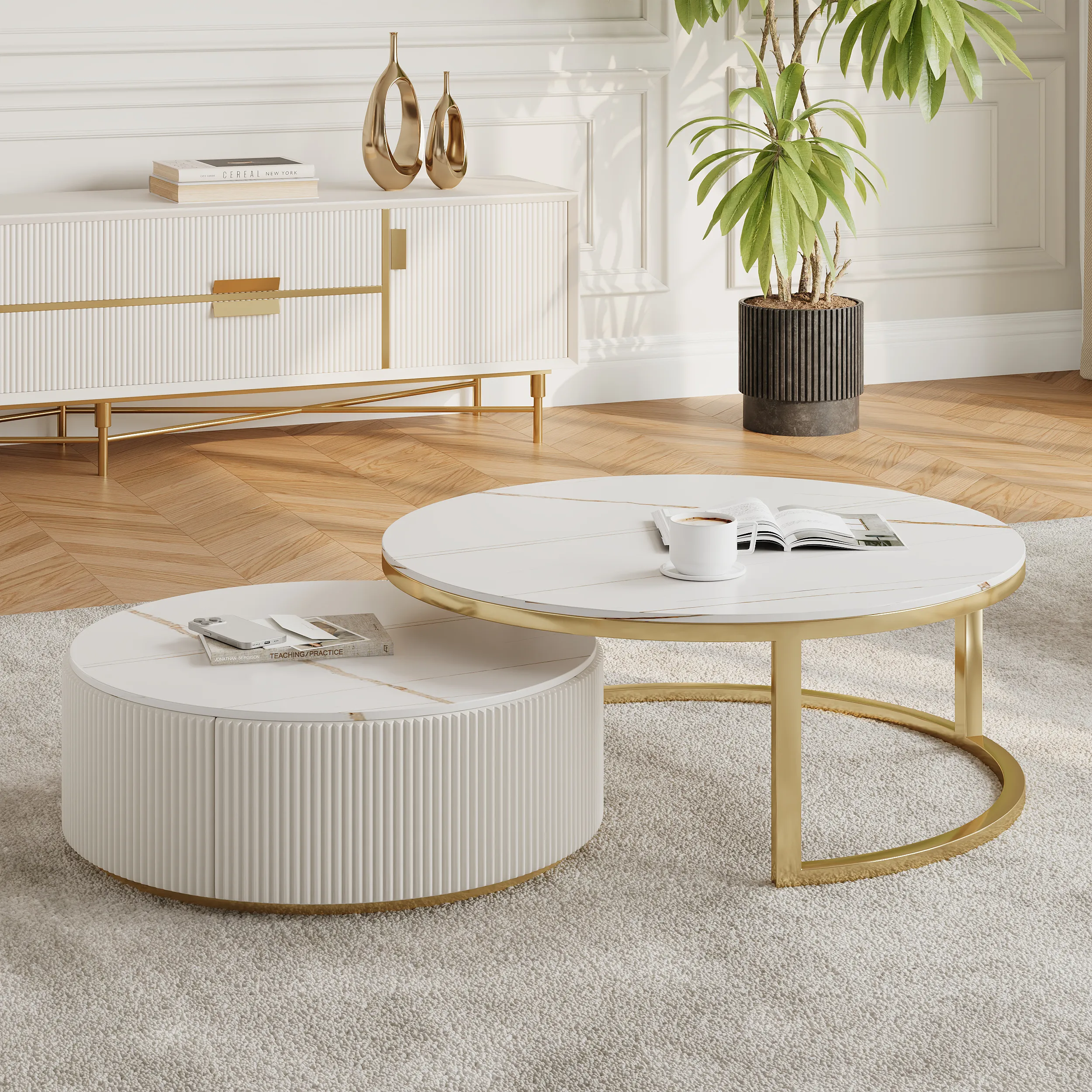 Round 2-Piece Nesting Coffee Table with Drawer - Ivory, Sintered Stone product