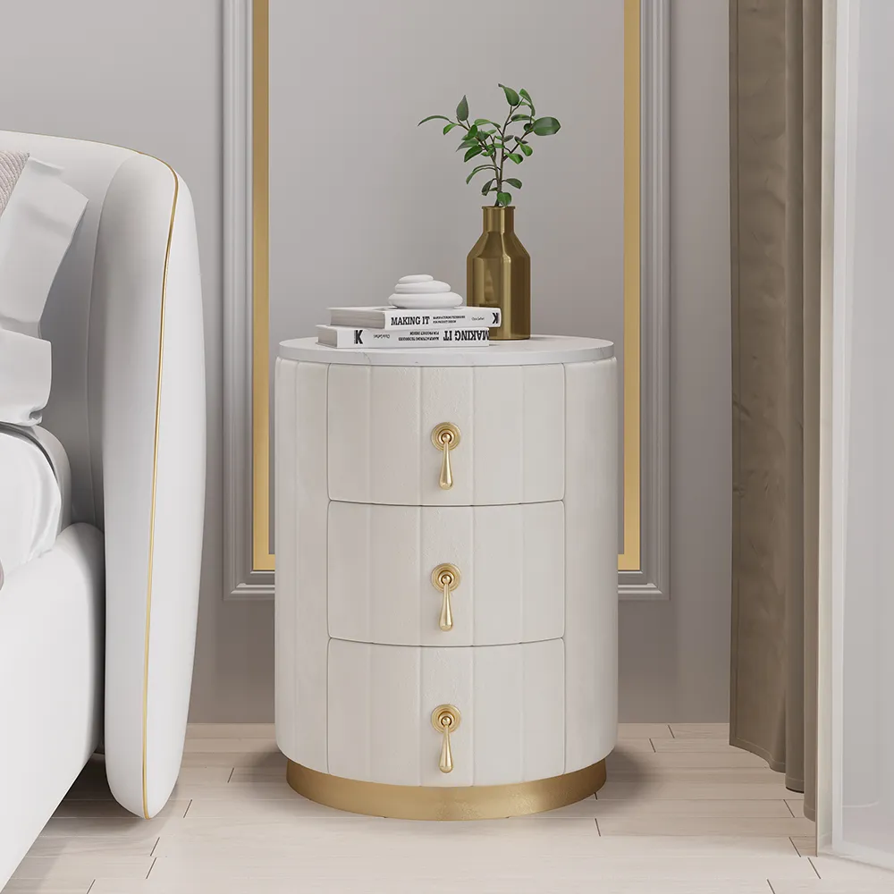 Round 3-Drawer Velvet Bedside Table - White, Sintered Stone product