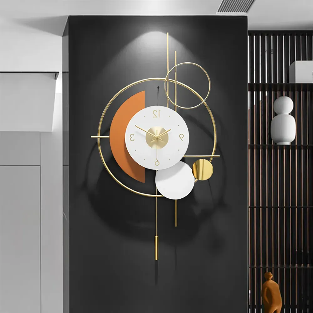 Round 3D Wall Clock with Gold Pendulum - White, Metal product