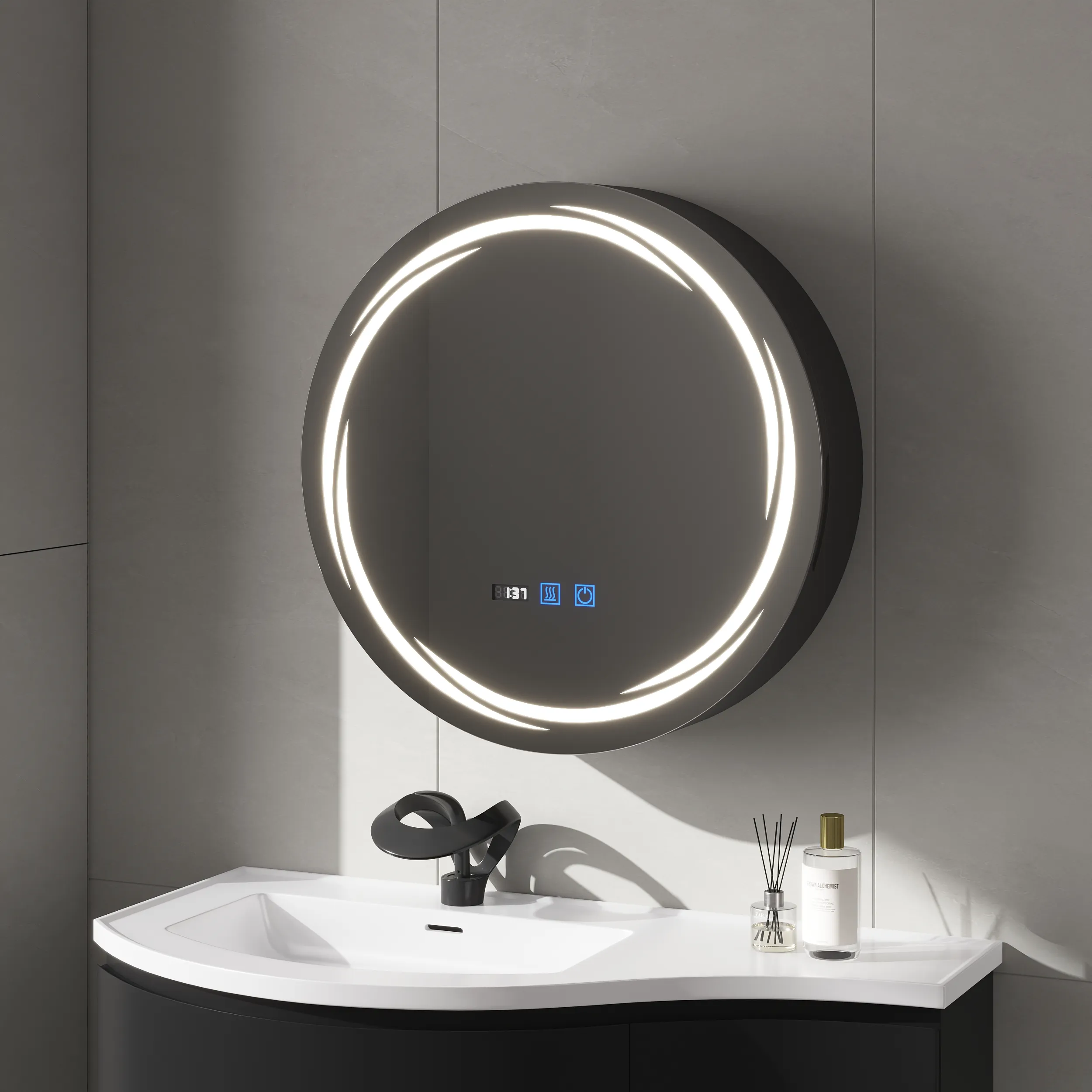 Round 60cm LED Bathroom Mirror Cabinet with Storage - Black product