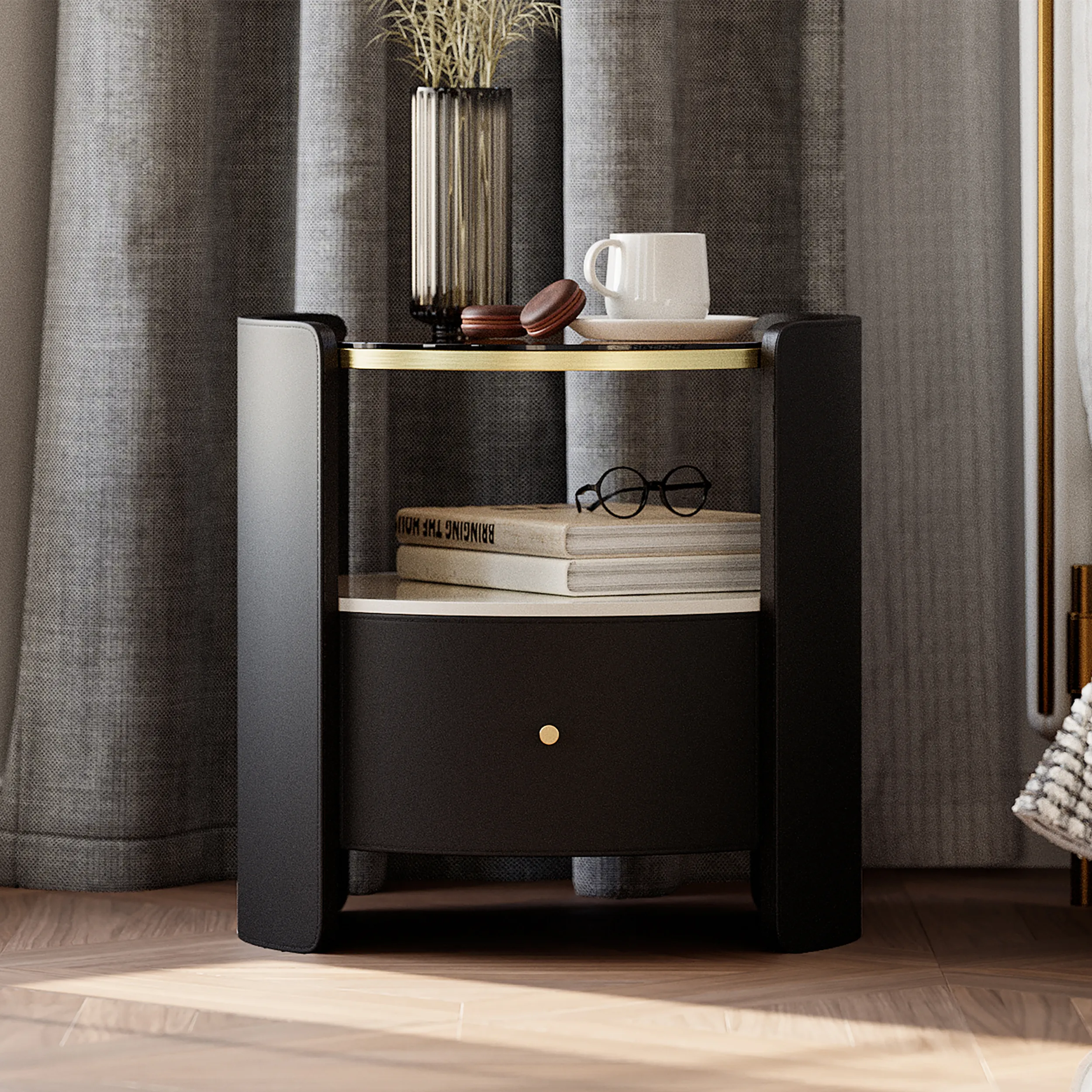 Round Bedside Table with Glass Top & Sintered Stone Shelf - Black, Faux Leather product