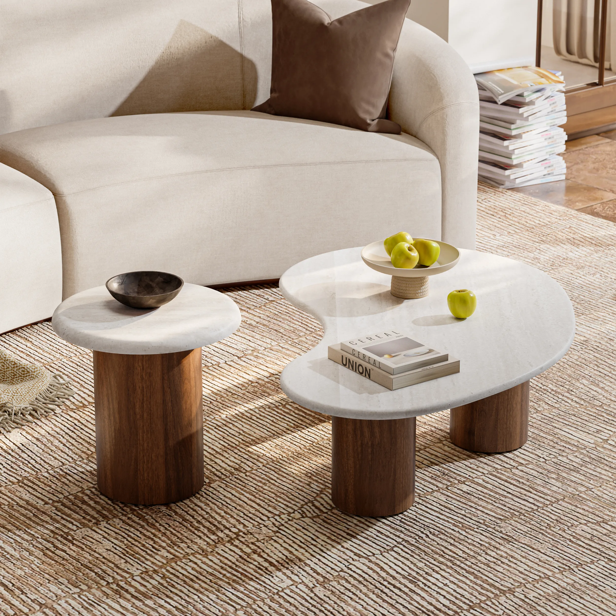 Round Coffee Table Set with Concrete Veneer - Walnut product