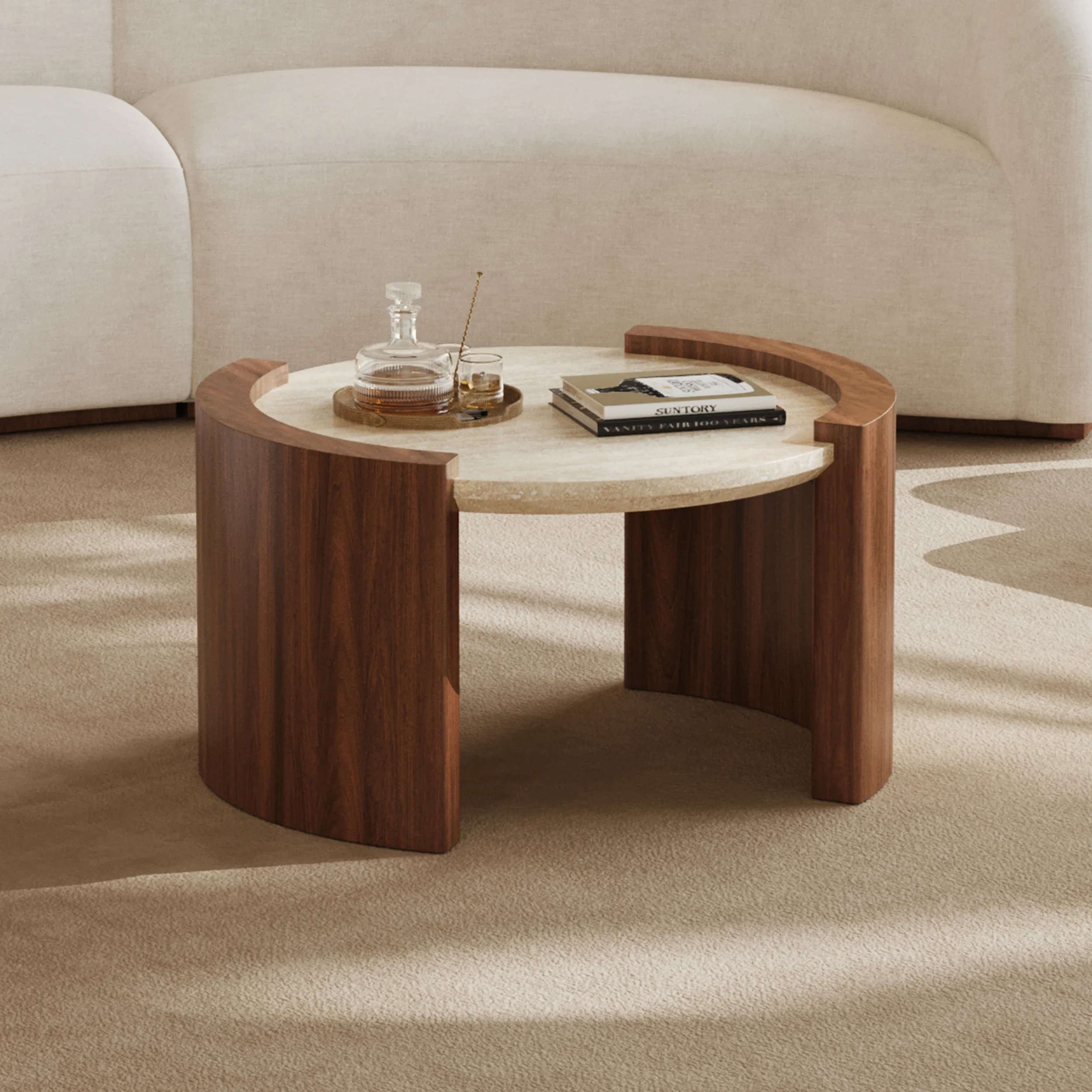 Round Coffee Table with Travertine Top - Walnut product