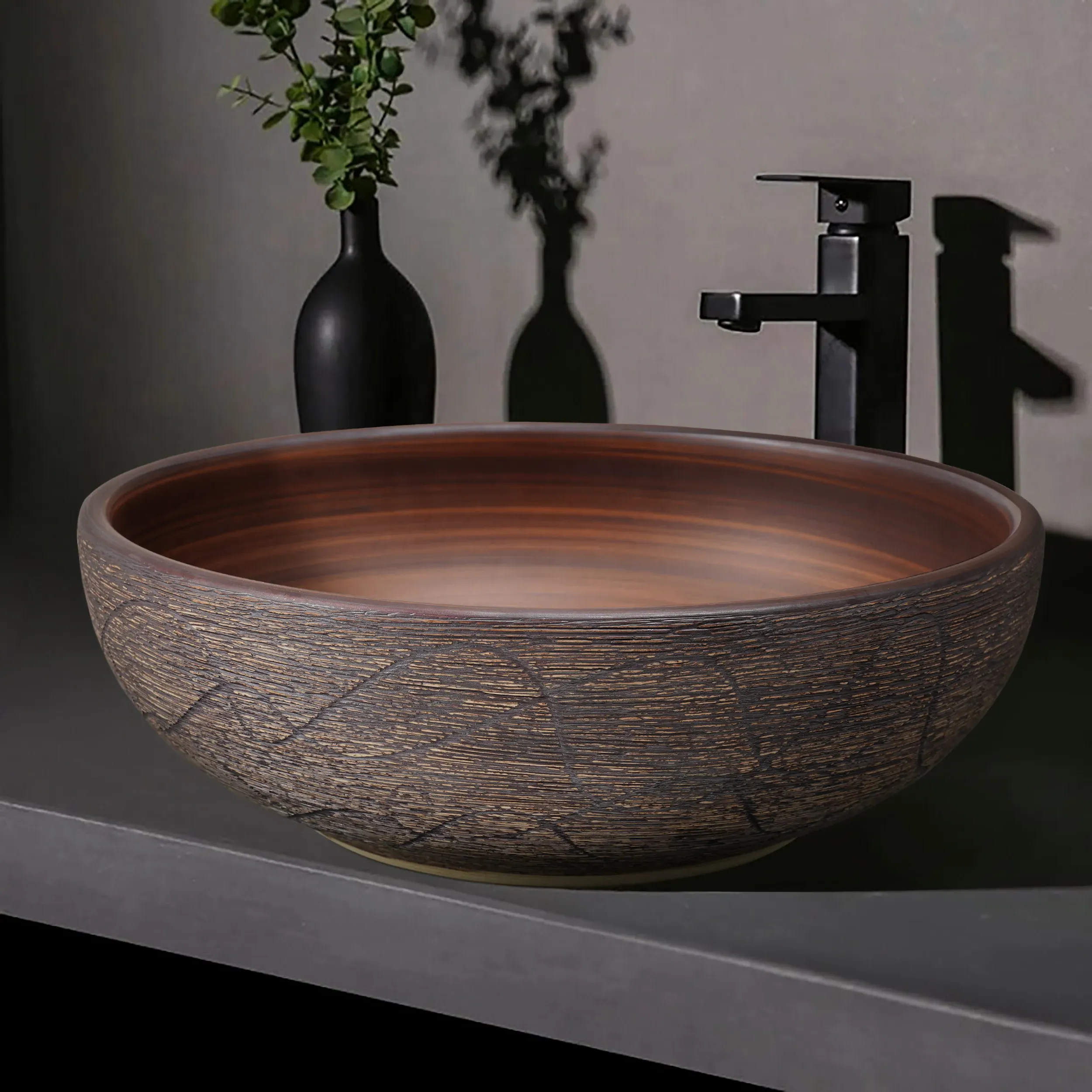Round Countertop Basin Retro - Brown, Ceramic product