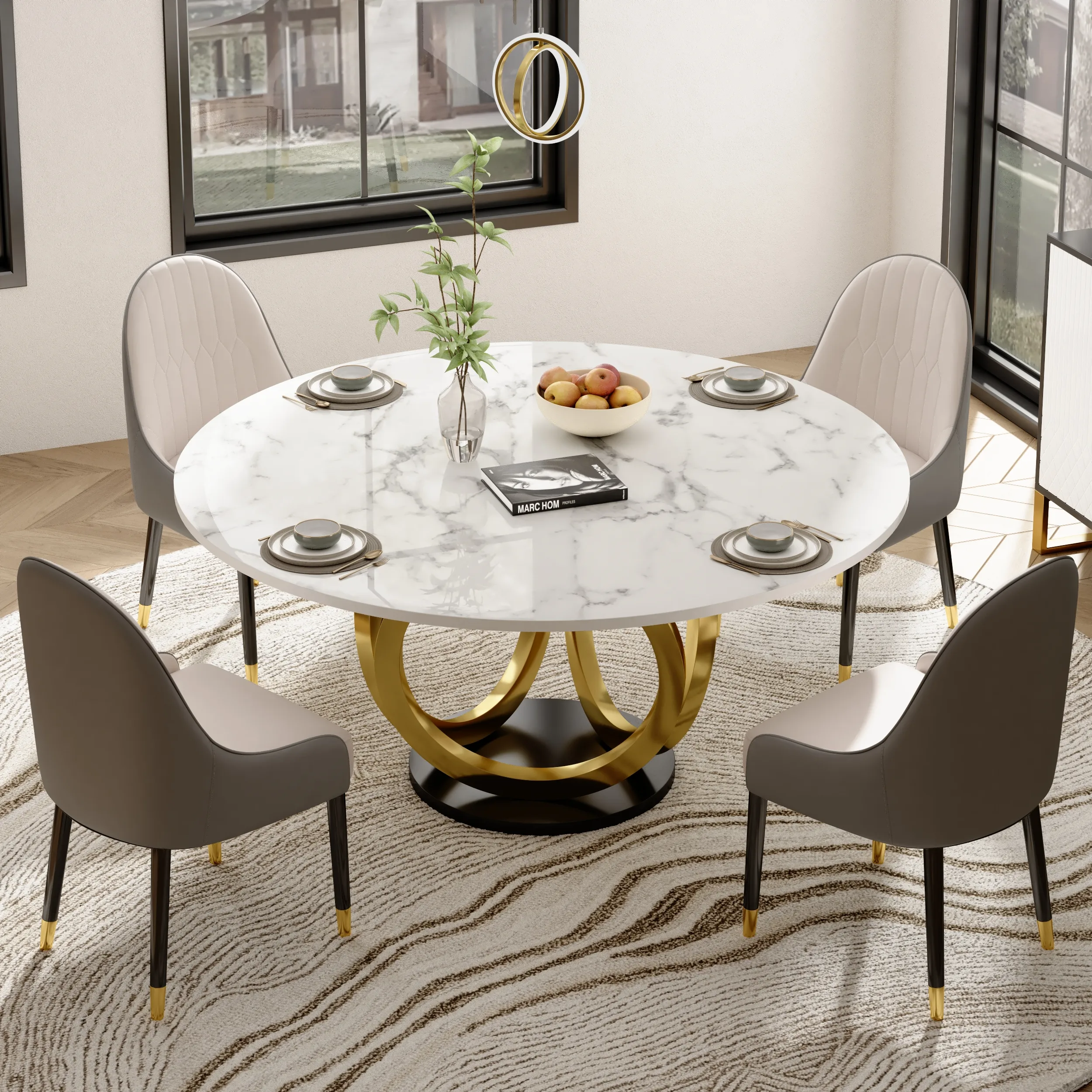 Round Dining Table & 4 Chairs Set - White, Sintered Stone product