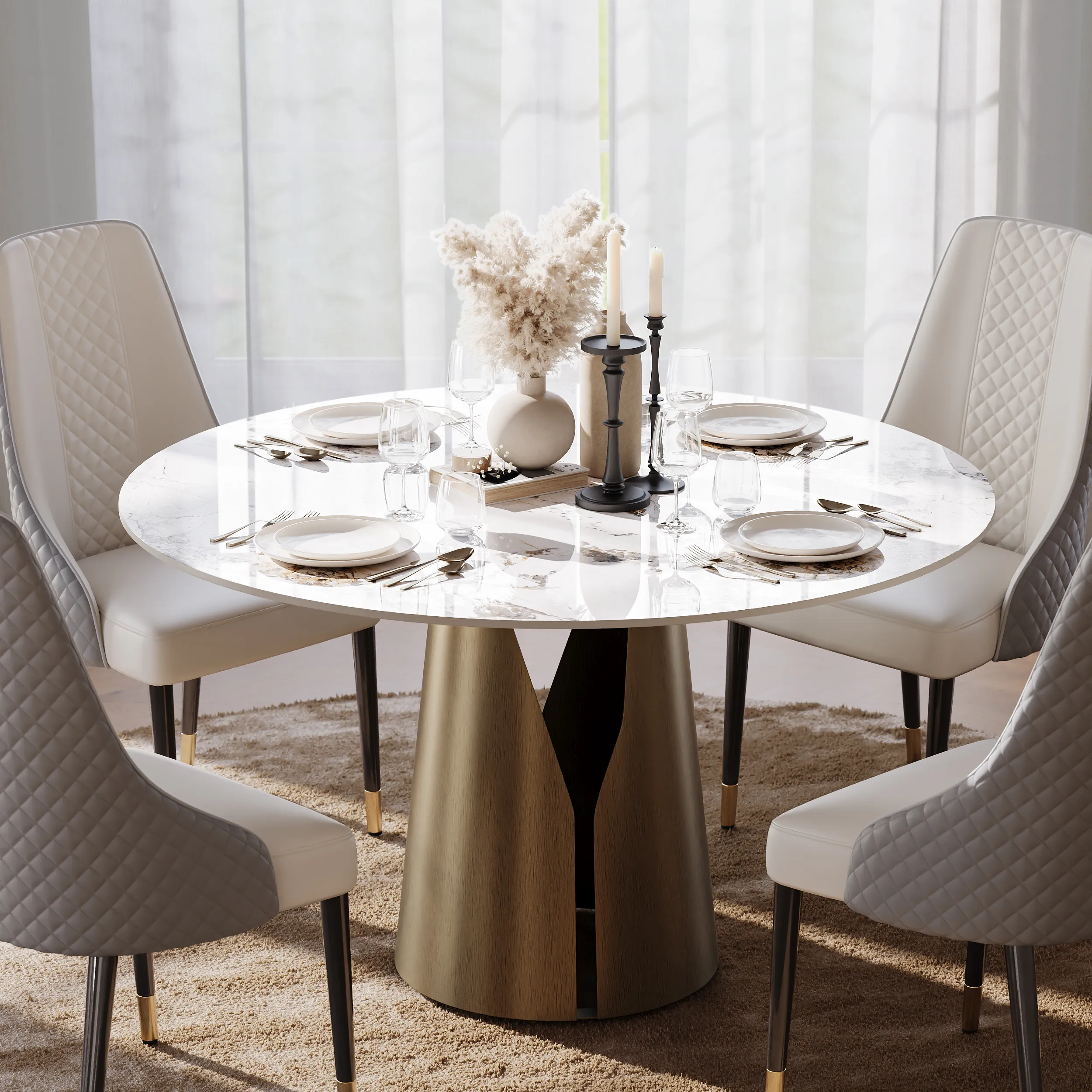 Round Dining Table with Carbon Steel Base - Glossy Pandora, Faux Marble product
