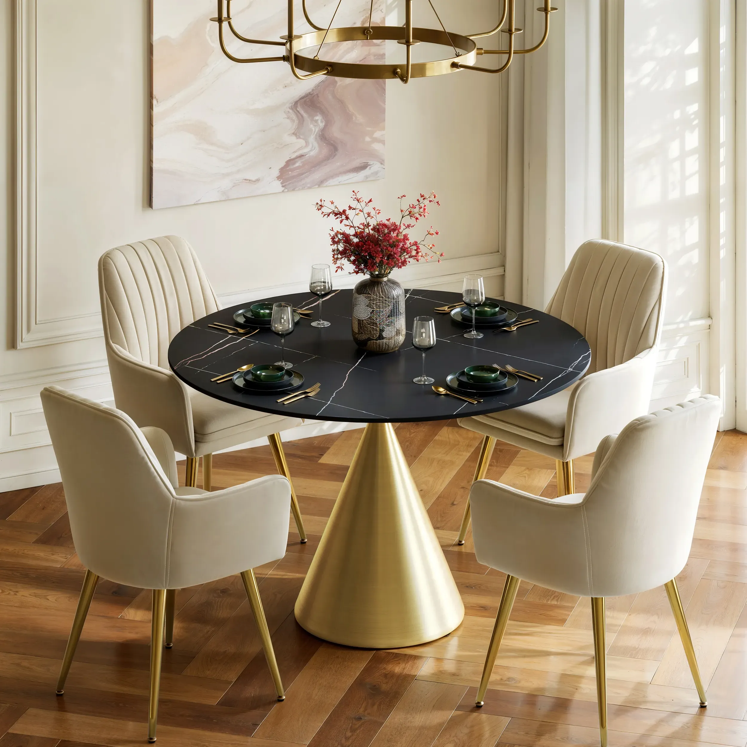 Round Dining Table with Gold Pedestal Base - Matte Black, Sintered Stone product