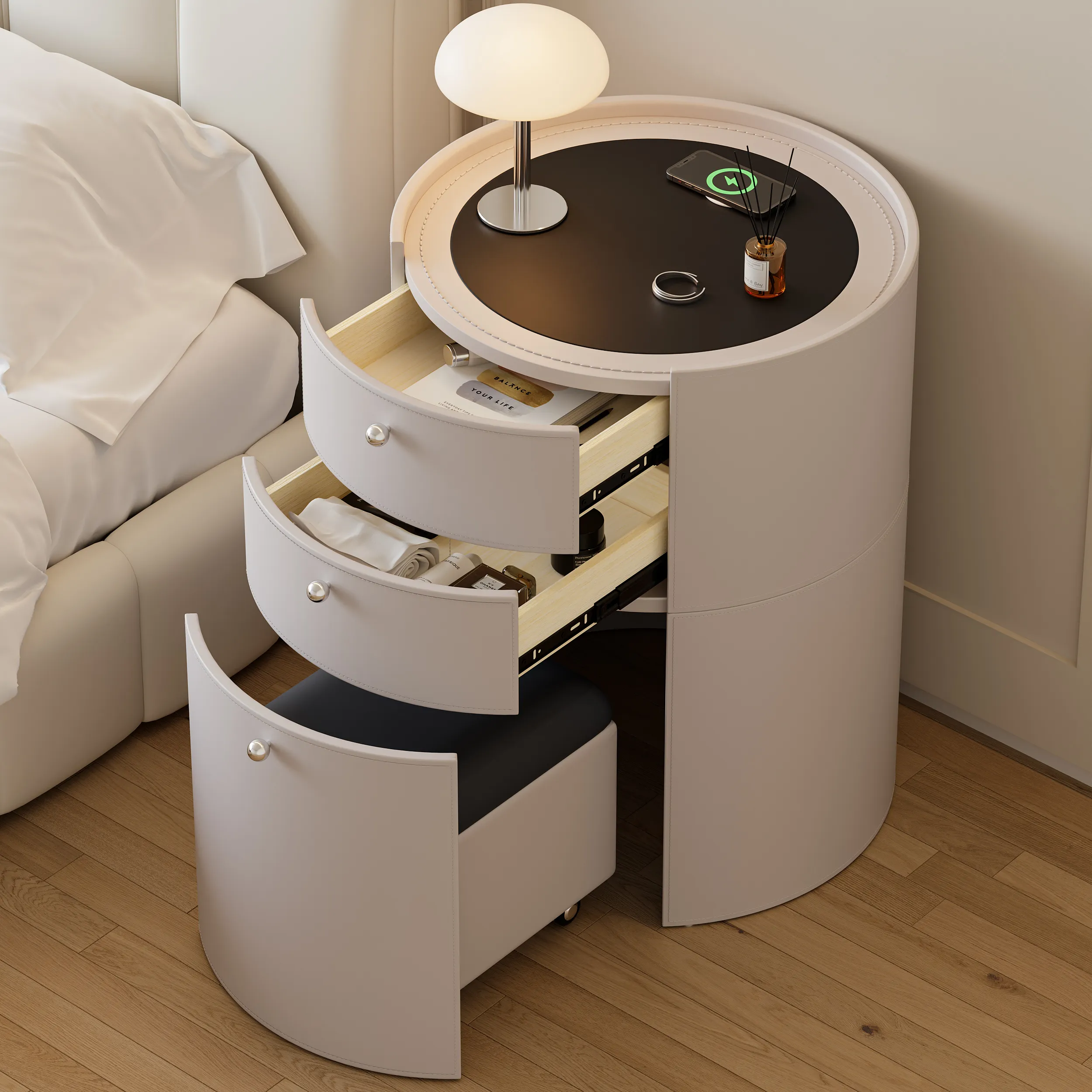 Round Dressing Table & Chair Set with Charging Station - Beige, Leather product