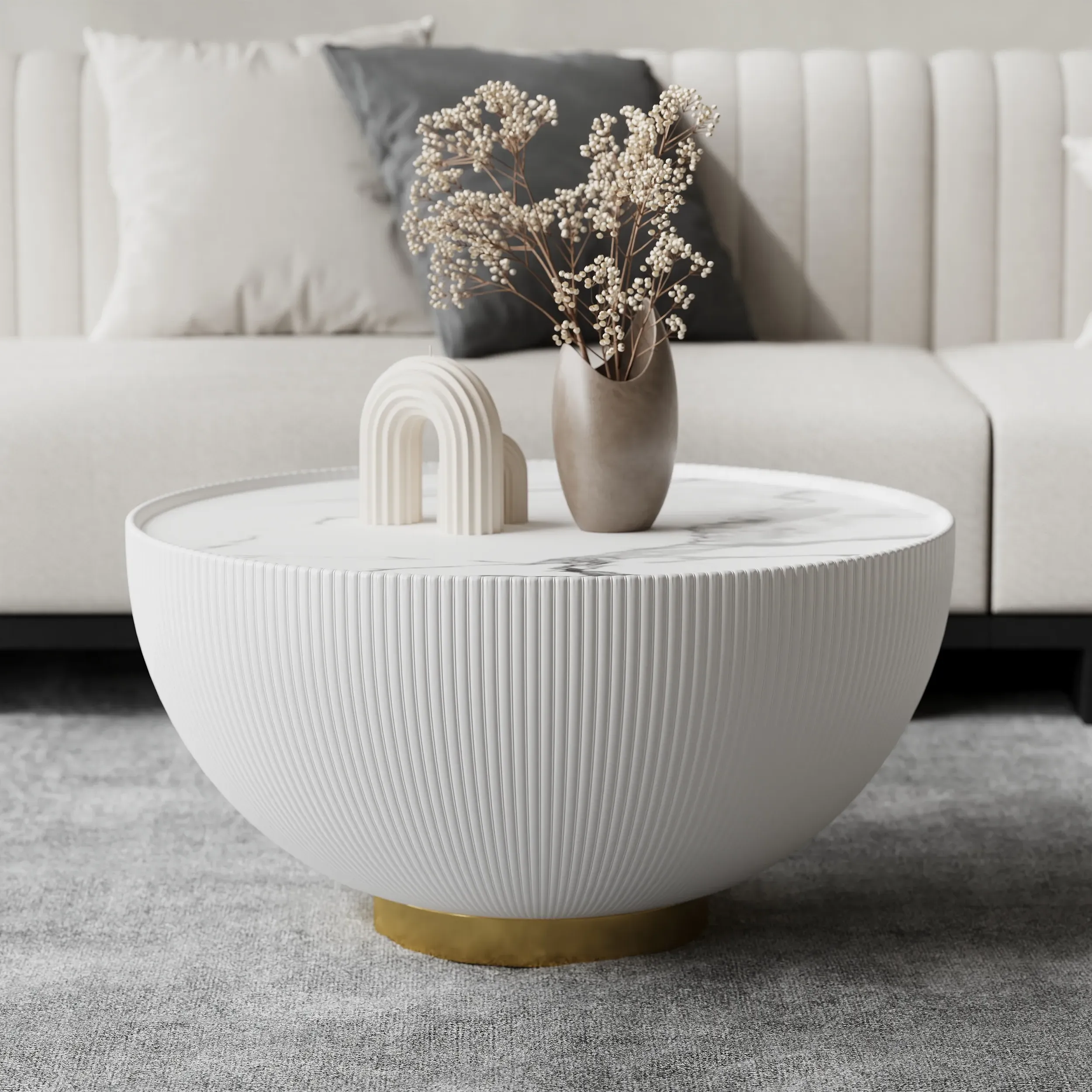 Round Drum Coffee Table Sintered Stone Top - Beige, PU Leather product