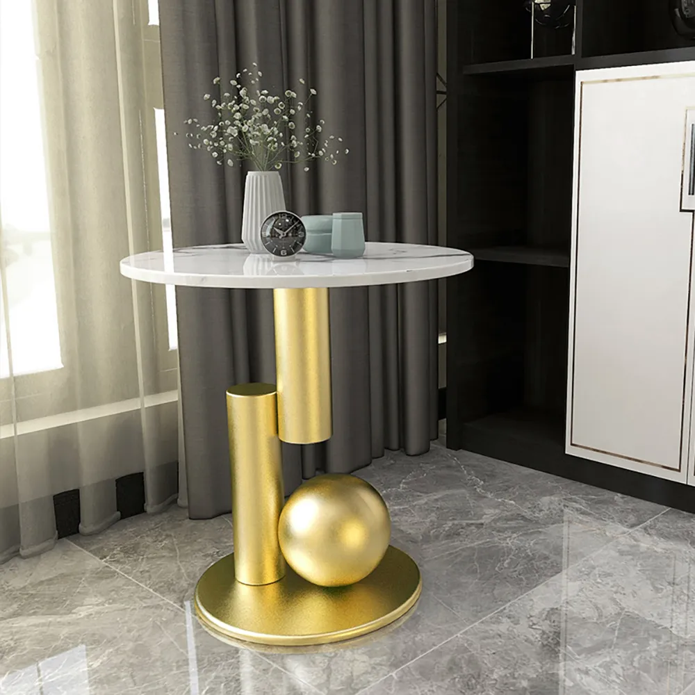 Round End Table with Marble Stone Top - White, Metal product