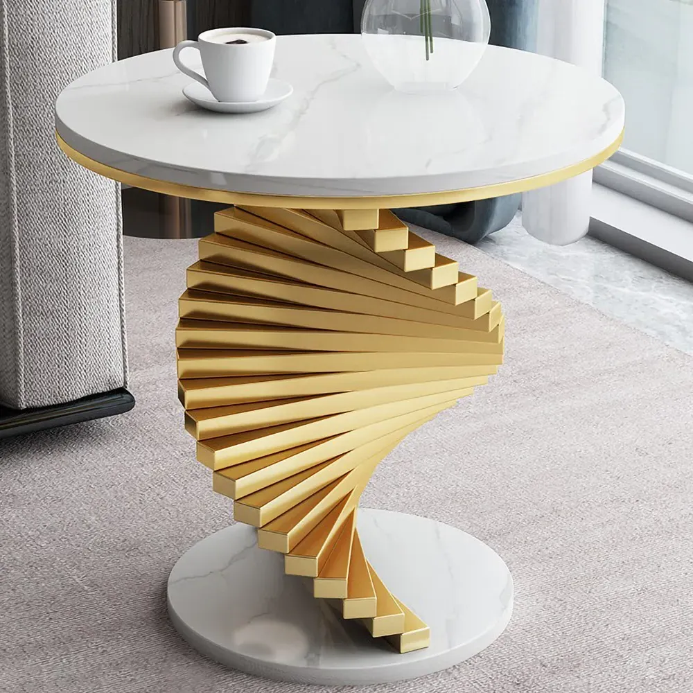 Round Faux Marble Side Table with Spiral Metal Base - White product