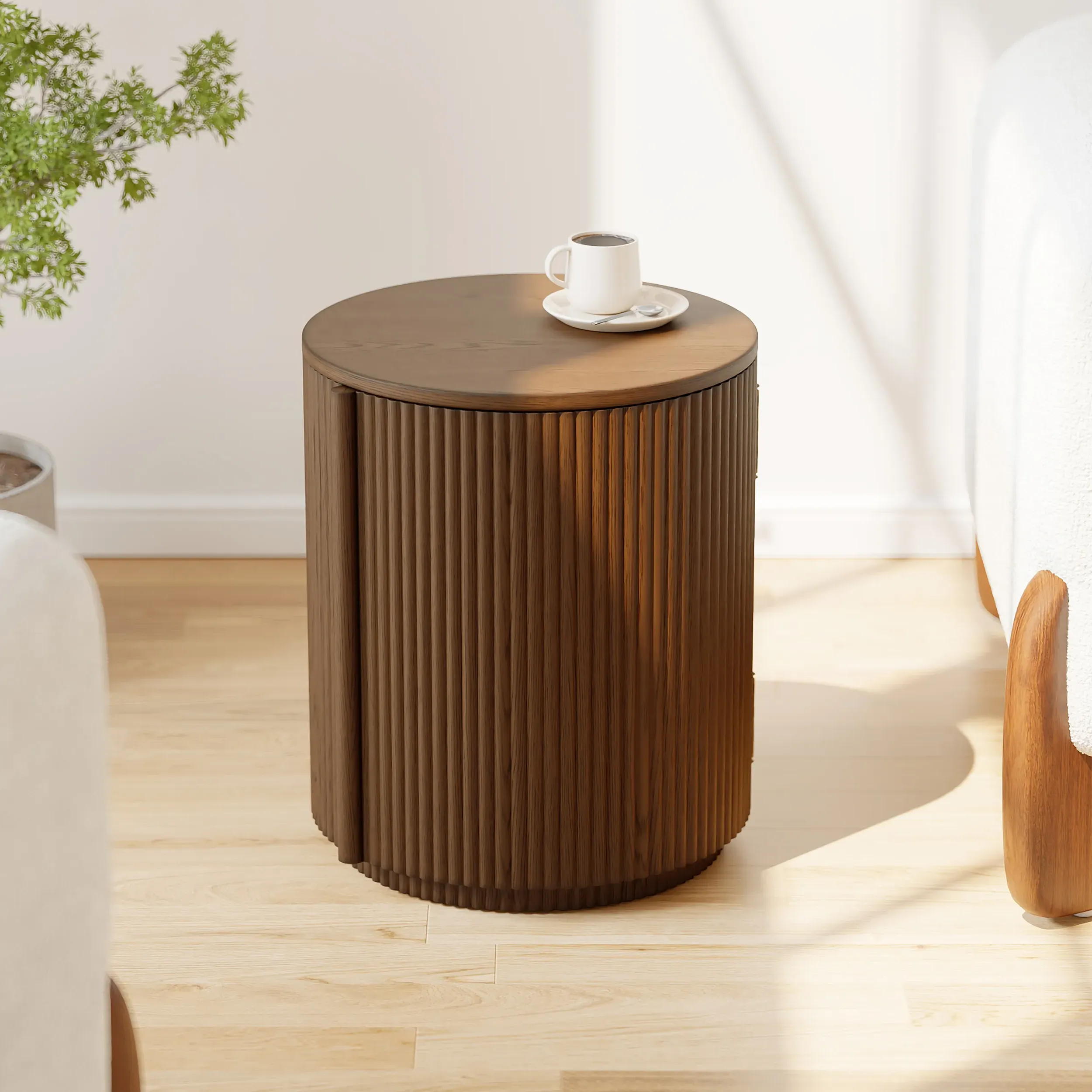 Round Fluted Side Table with Storage - Walnut product