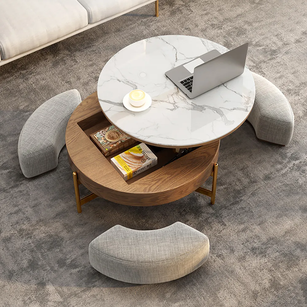 Round Lift-Top Coffee Table Set with 3 Ottomans - White, Walnut product