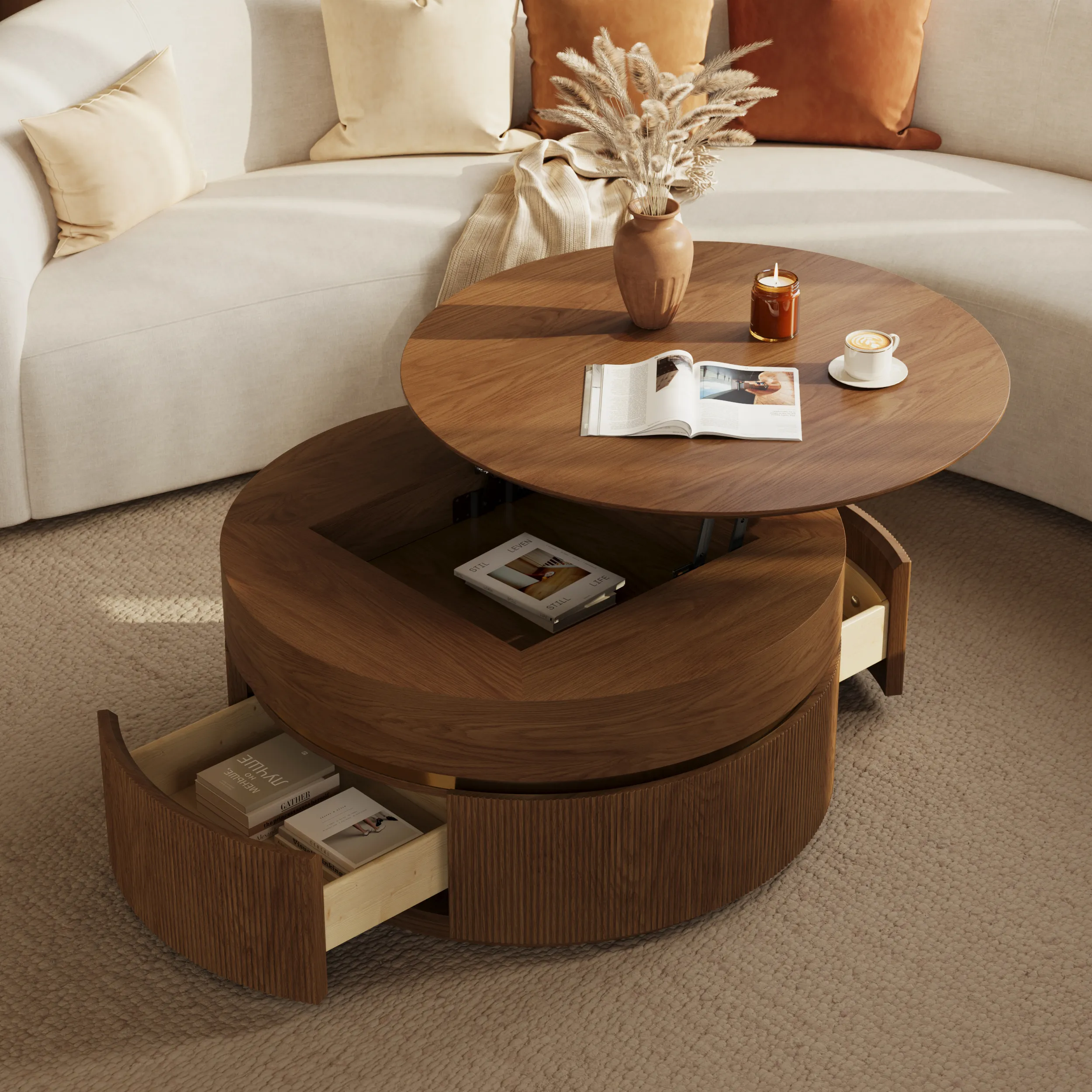 Round Lift-Top Coffee Table with 2 Drawers - Walnut product