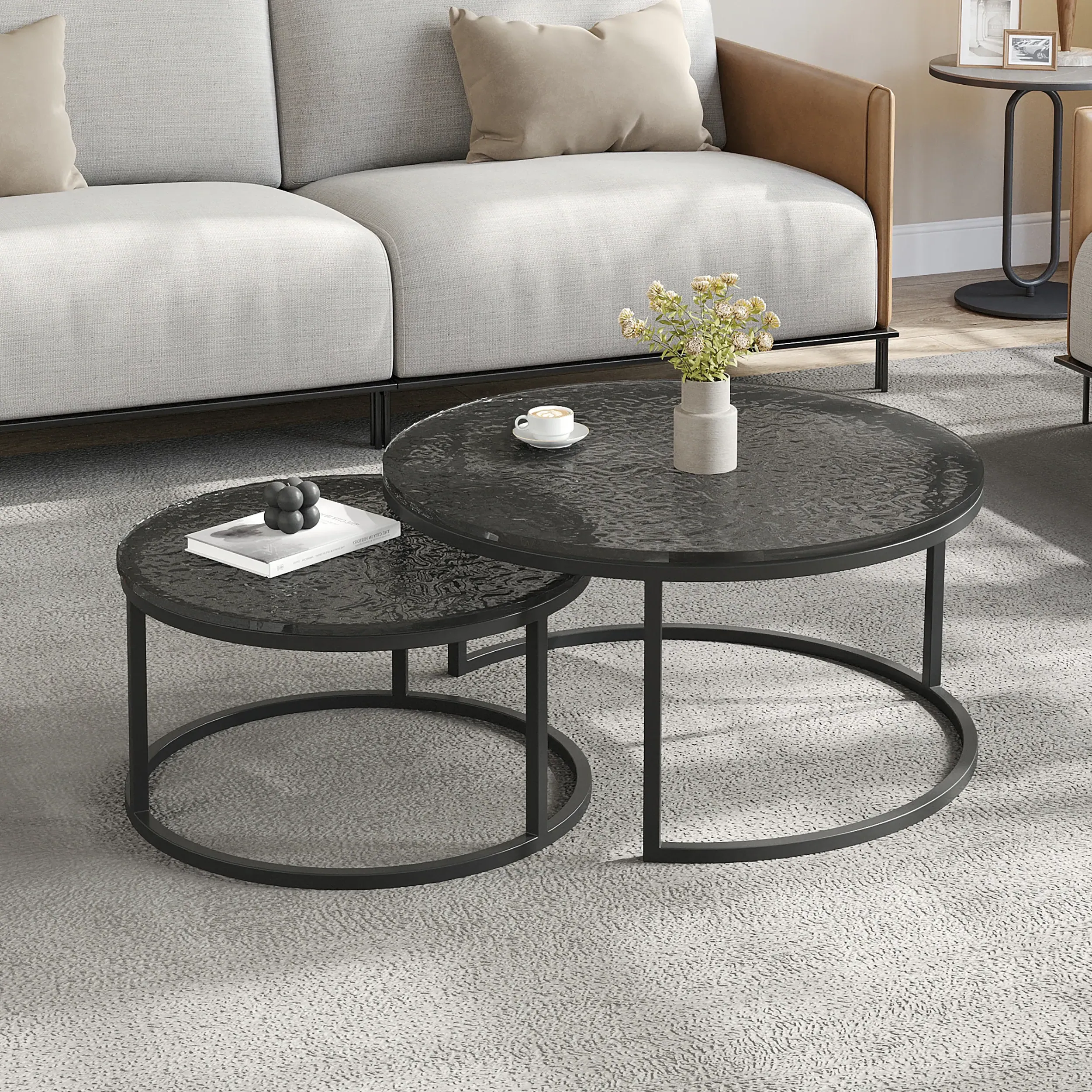Round Nesting Coffee Table Set 2-Piece - Grey & Black, Glass product