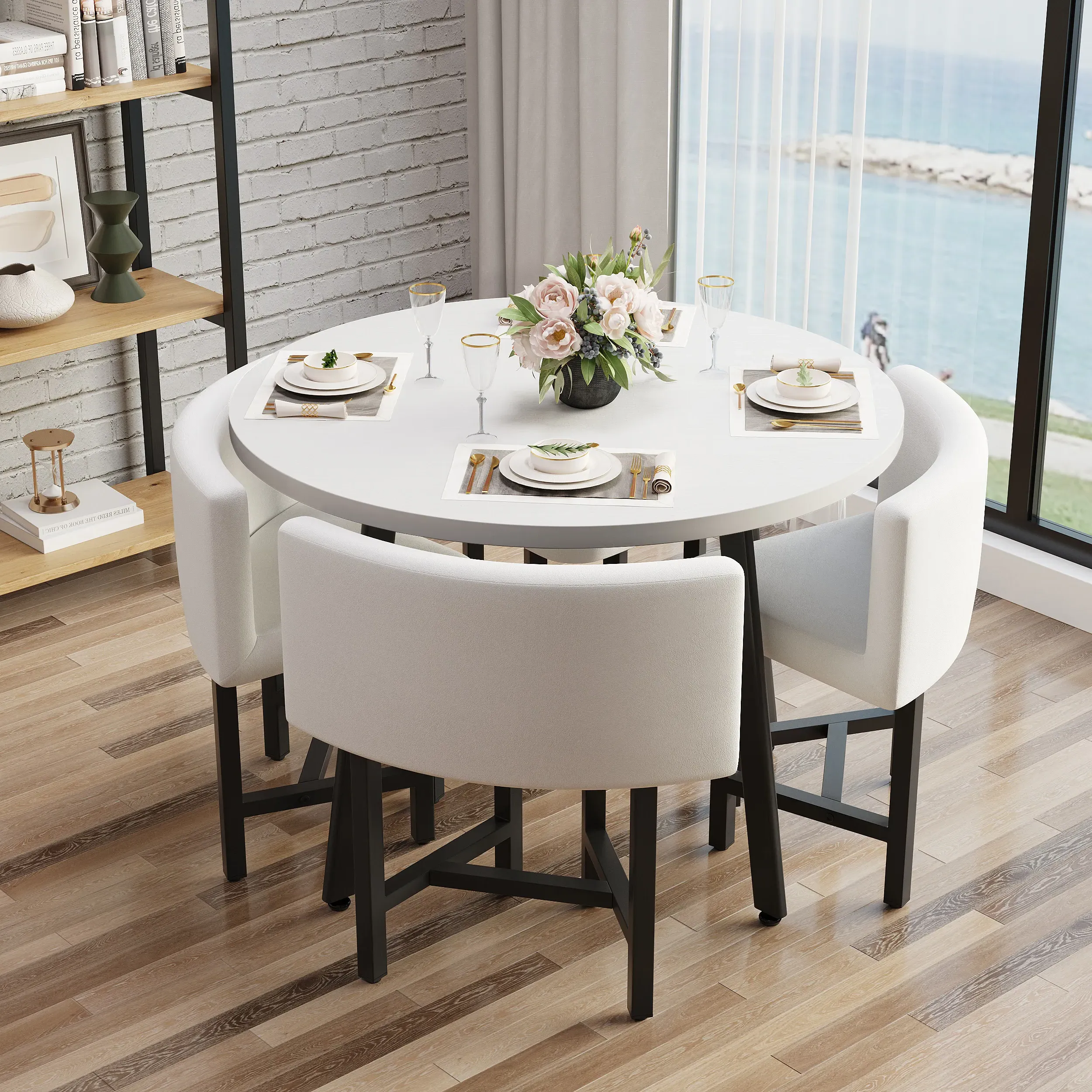 Round Nesting Dining Table Set with 4 Upholstered Chairs - White, MDF product