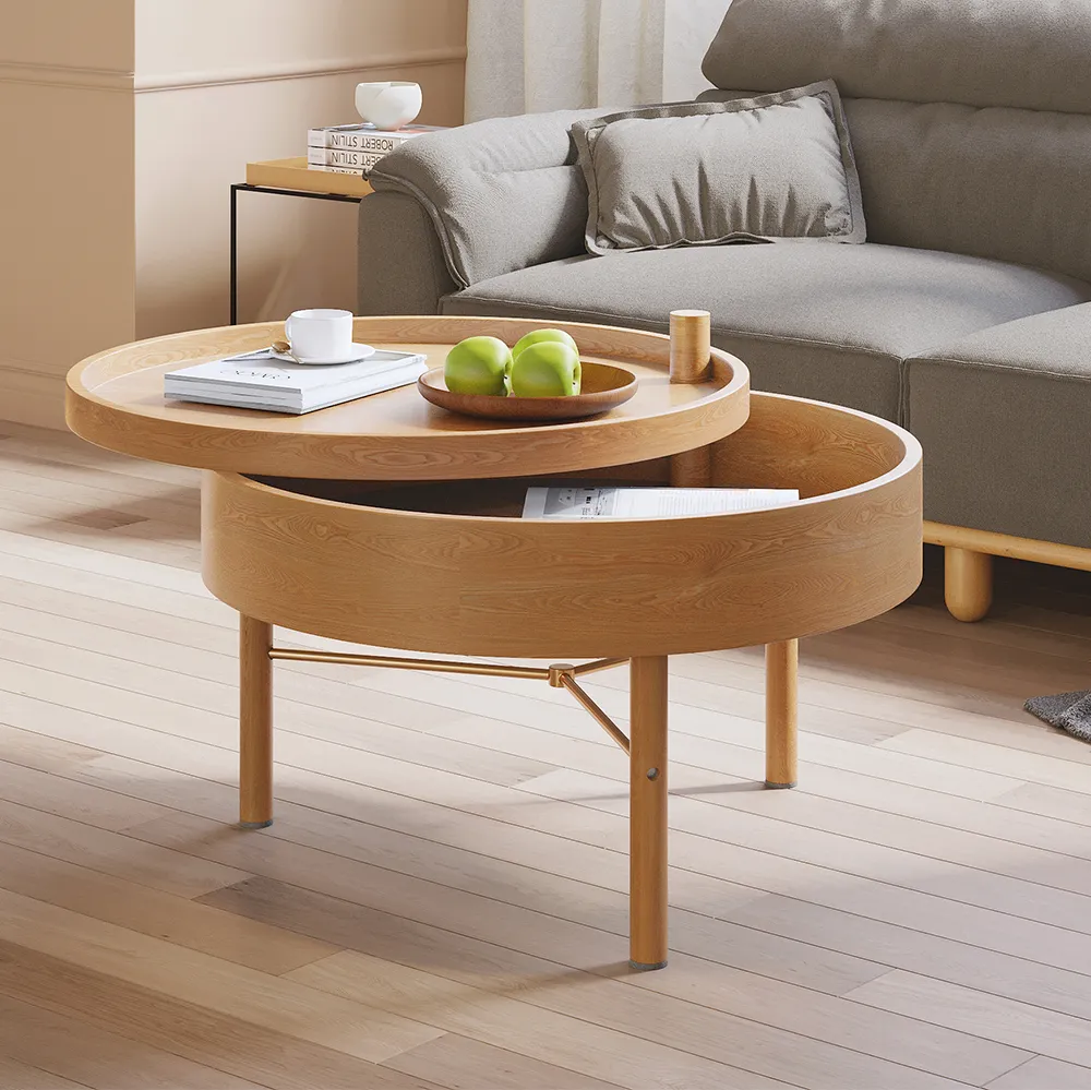 Round Rotating Coffee Table with Storage - Natural, Wood product