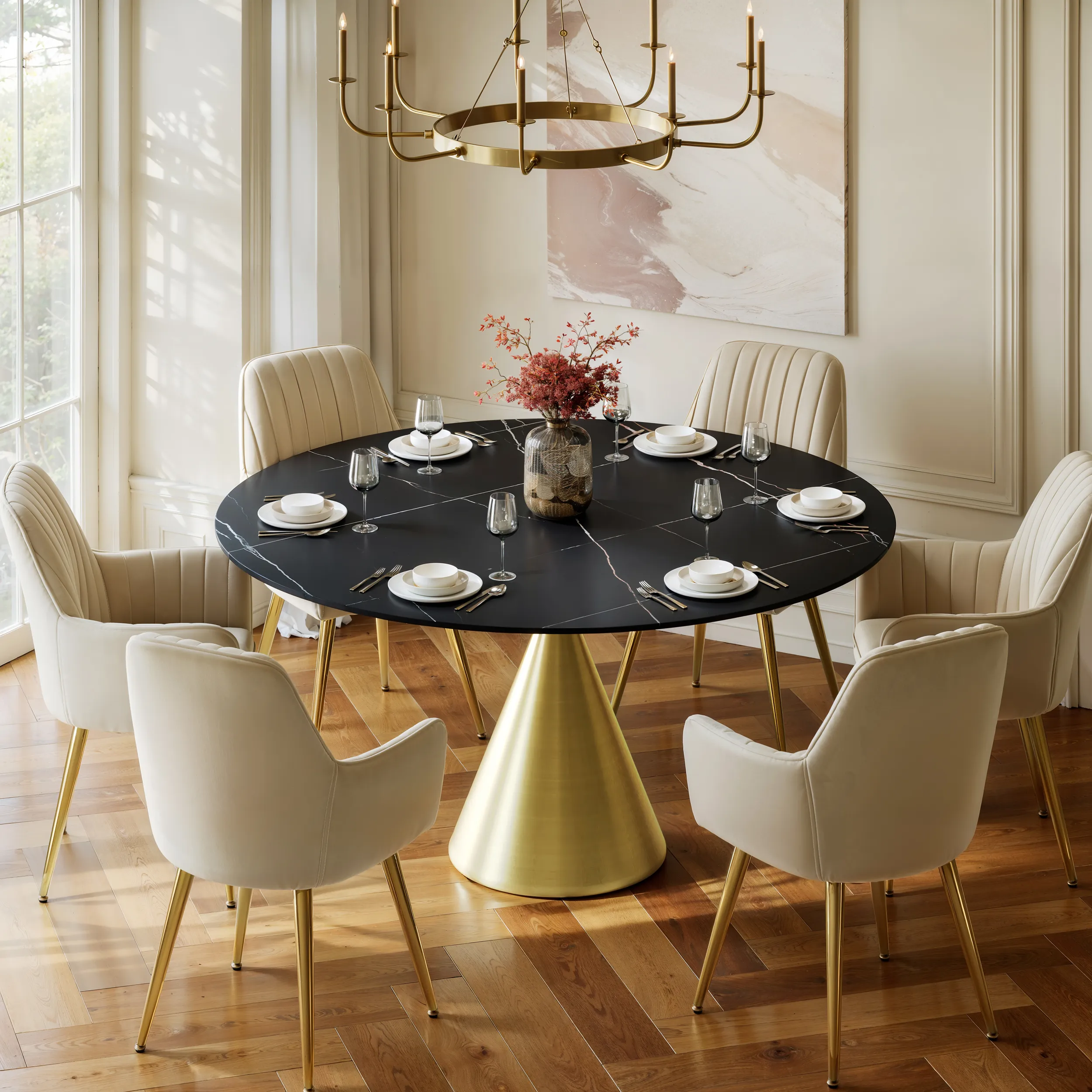 Round Sintered Stone Dining Table Gold Pedestal - Matte Black product
