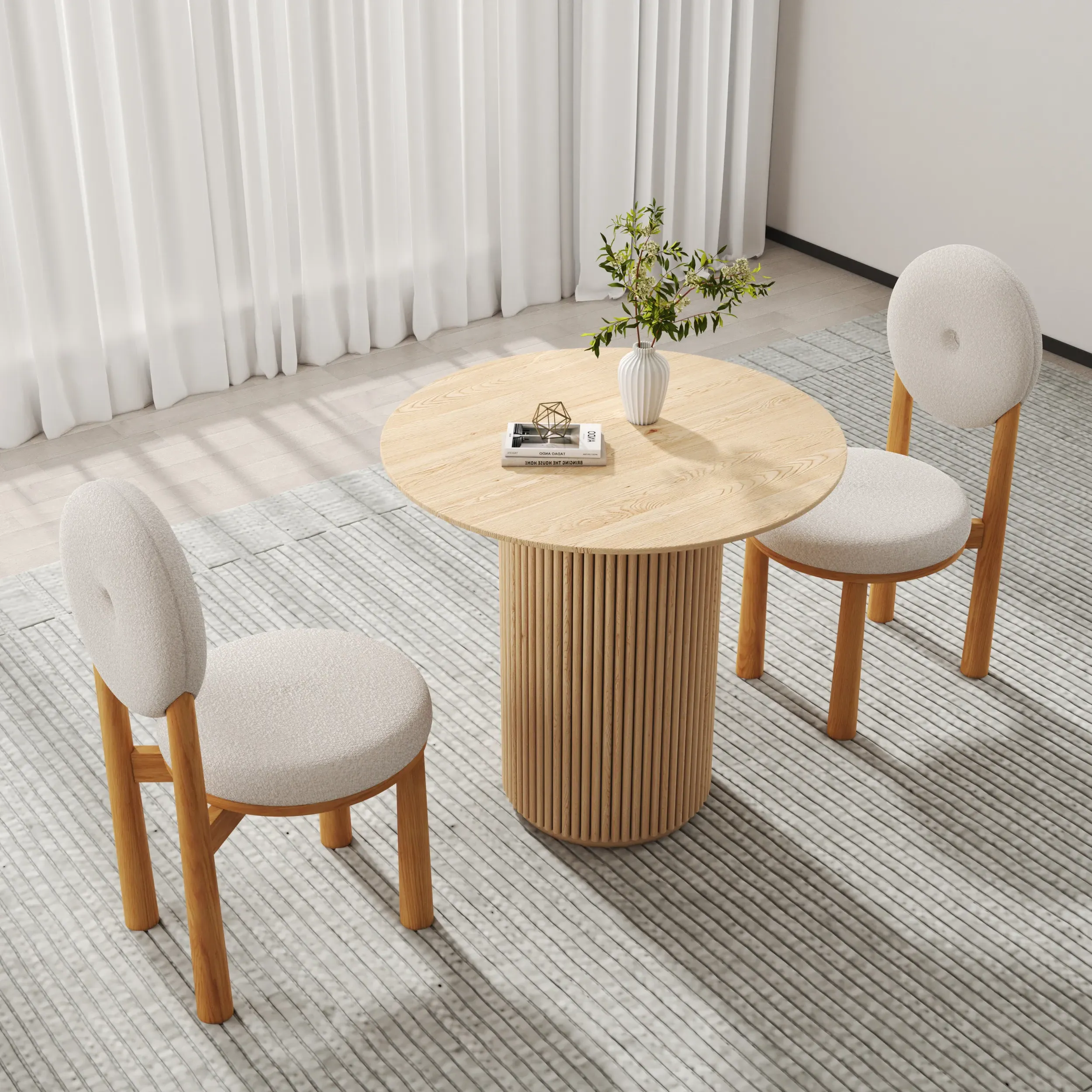 Round Small Dining Table & 2 Boucle Chairs Set - Natural, Wood product