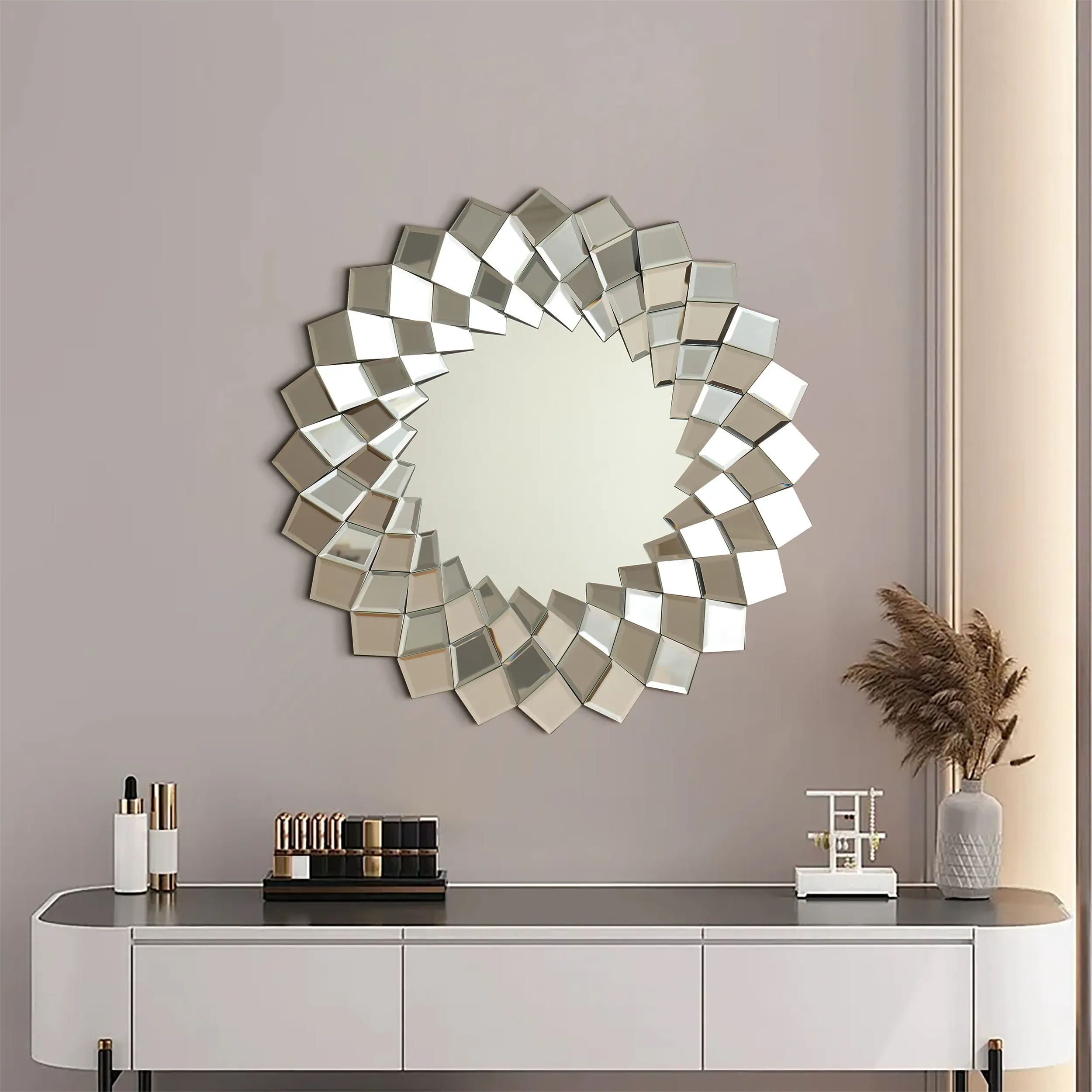 Round Wall Mirror Diamond Tile Pattern - Silver product