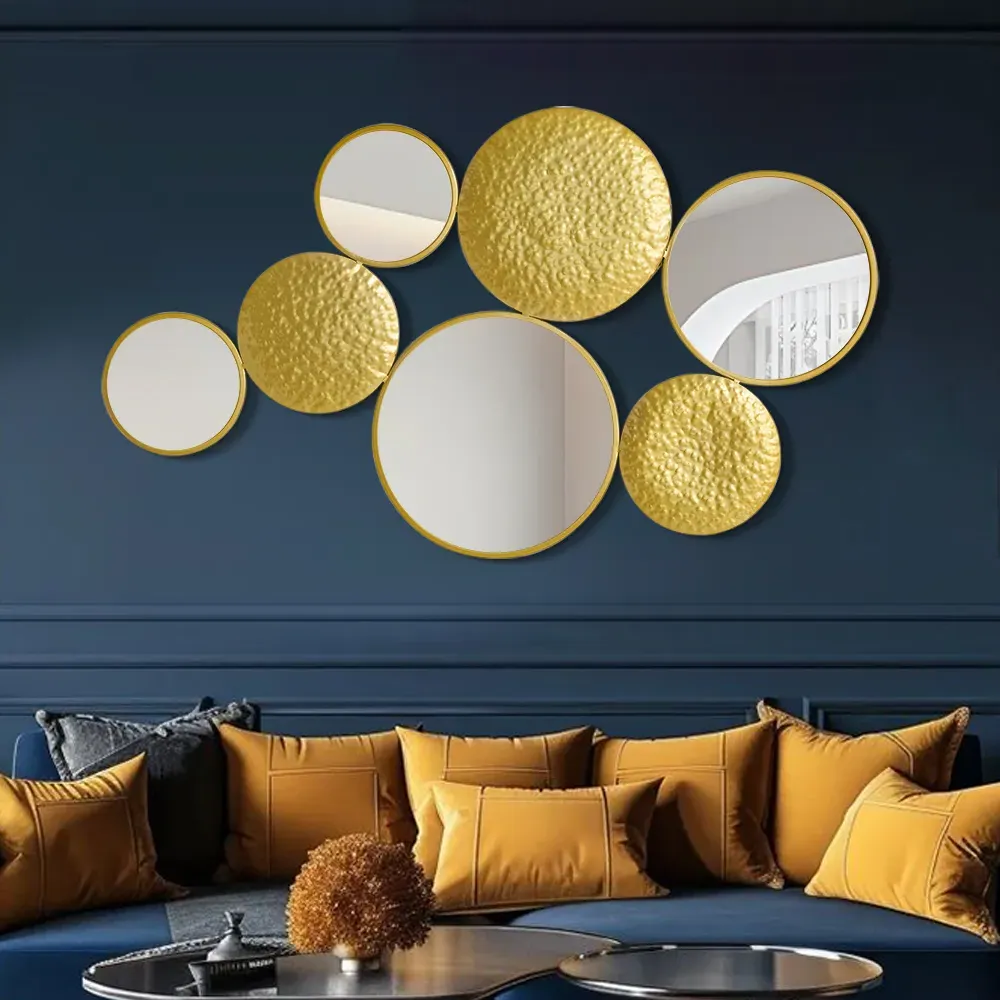 Round Wall Mirror Set with Hammered Detail - Gold product