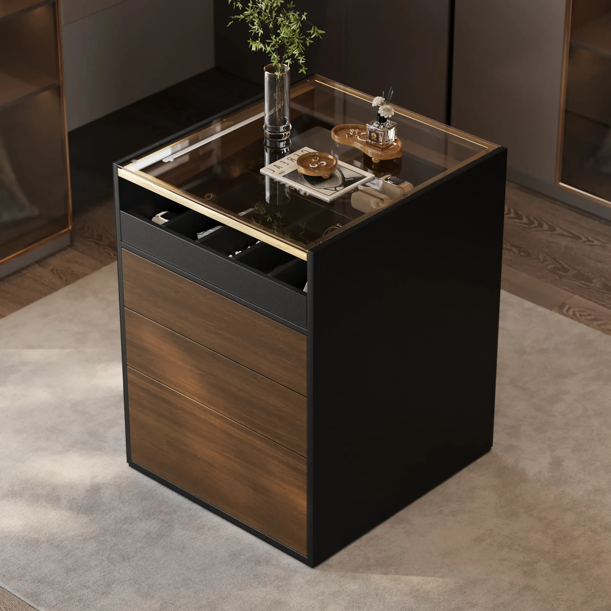 Saddle Leather 7-Drawer Closet Island with LED & Jewelry Display - Black product