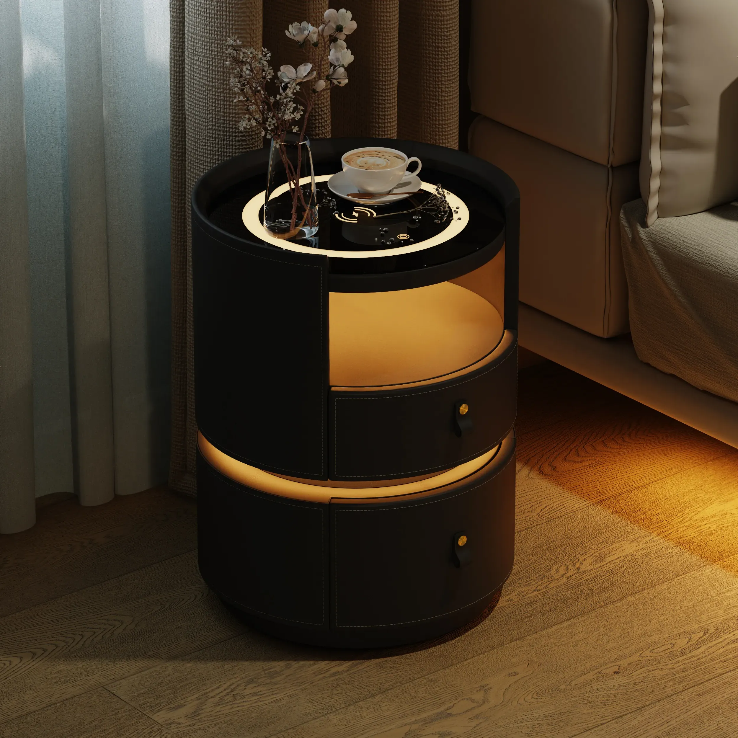 Saddle Leather Bedside Table with LED & Charging Station - Black product