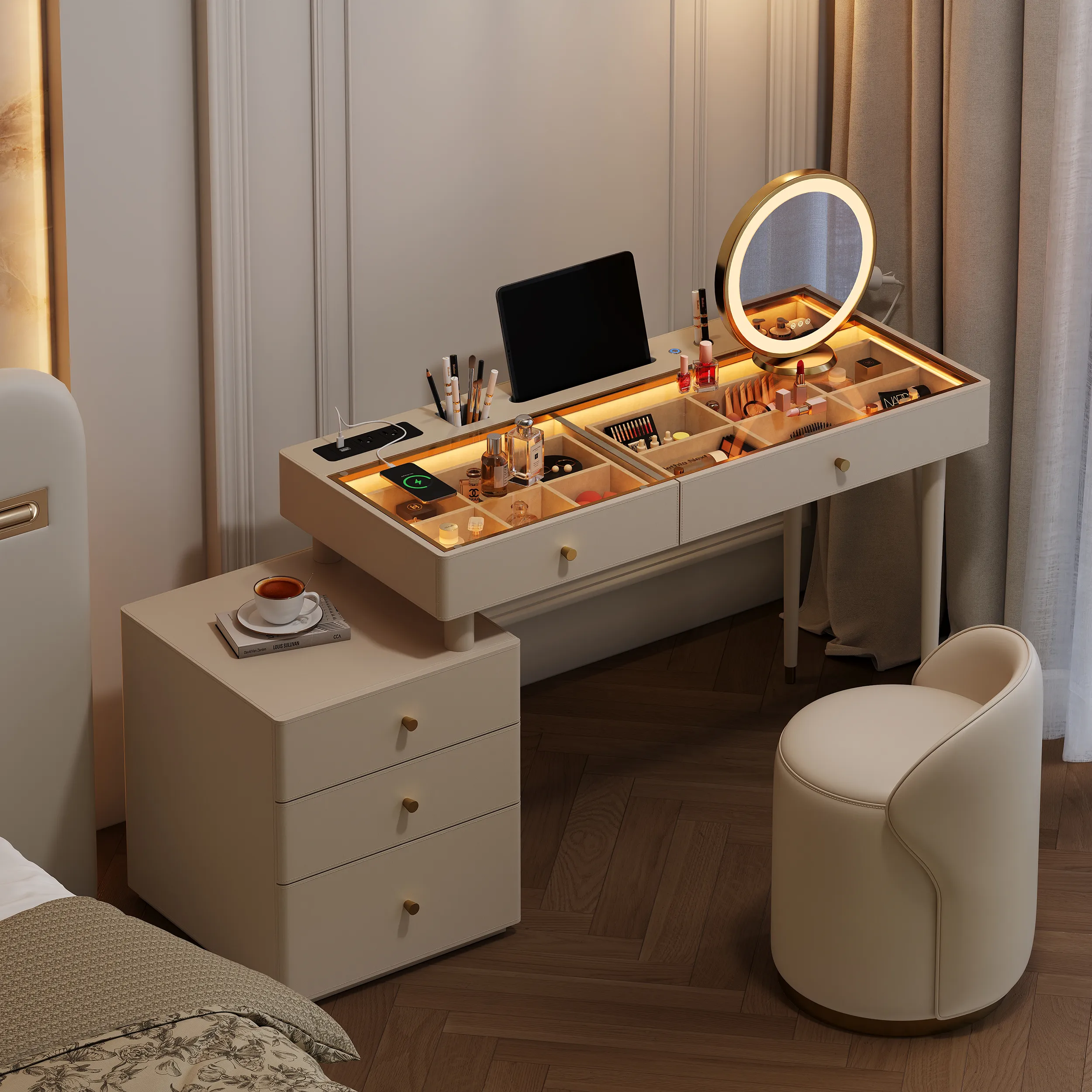 Selvo Extendable Makeup Vanity Set with LED Mirror & Stool - Oatmeal, Leather product