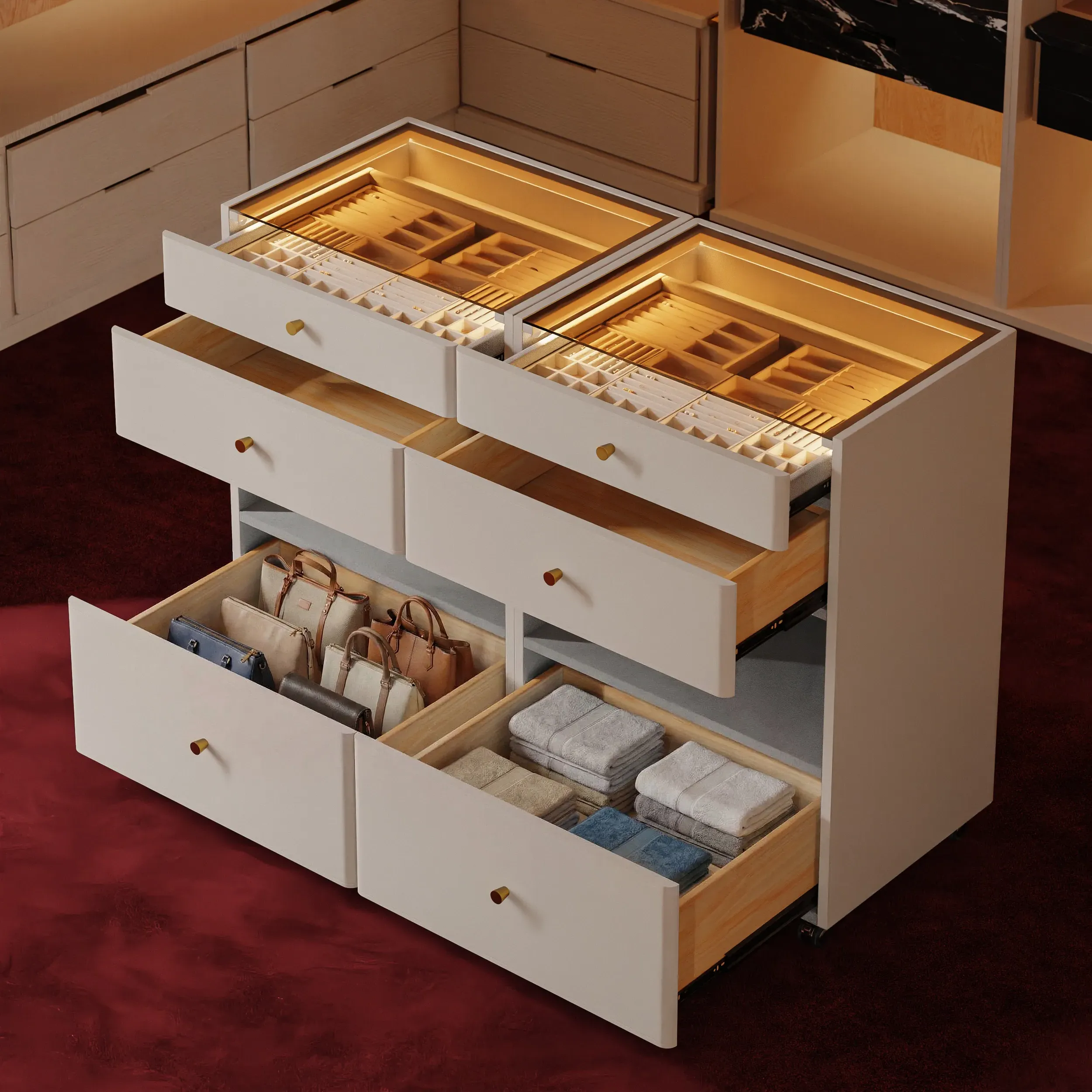 Selvo Walk-In Closet Island Jewellery Dresser with Glass Top - Oatmeal product
